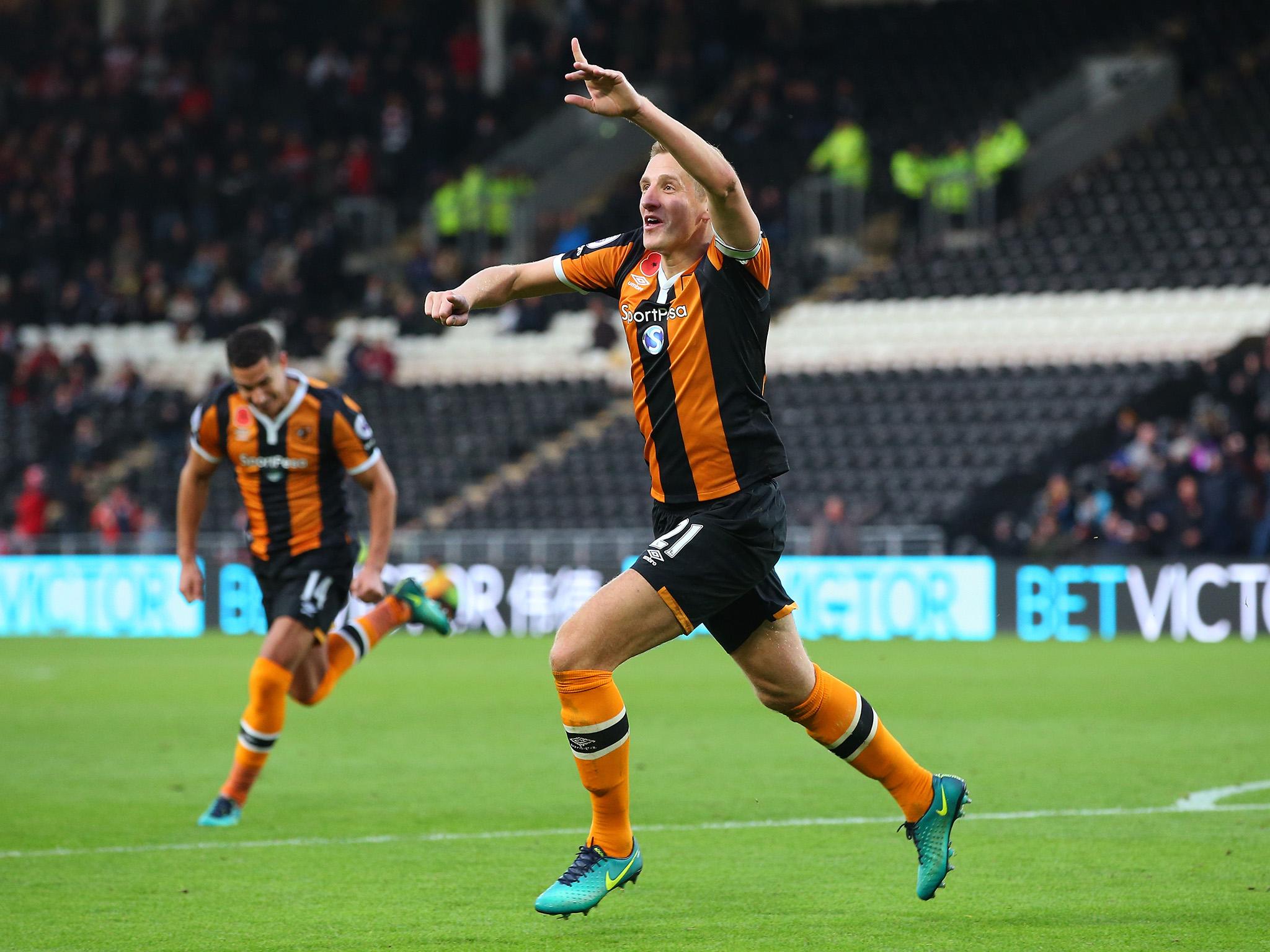 Michael Dawson celebrates his winner for Hull City