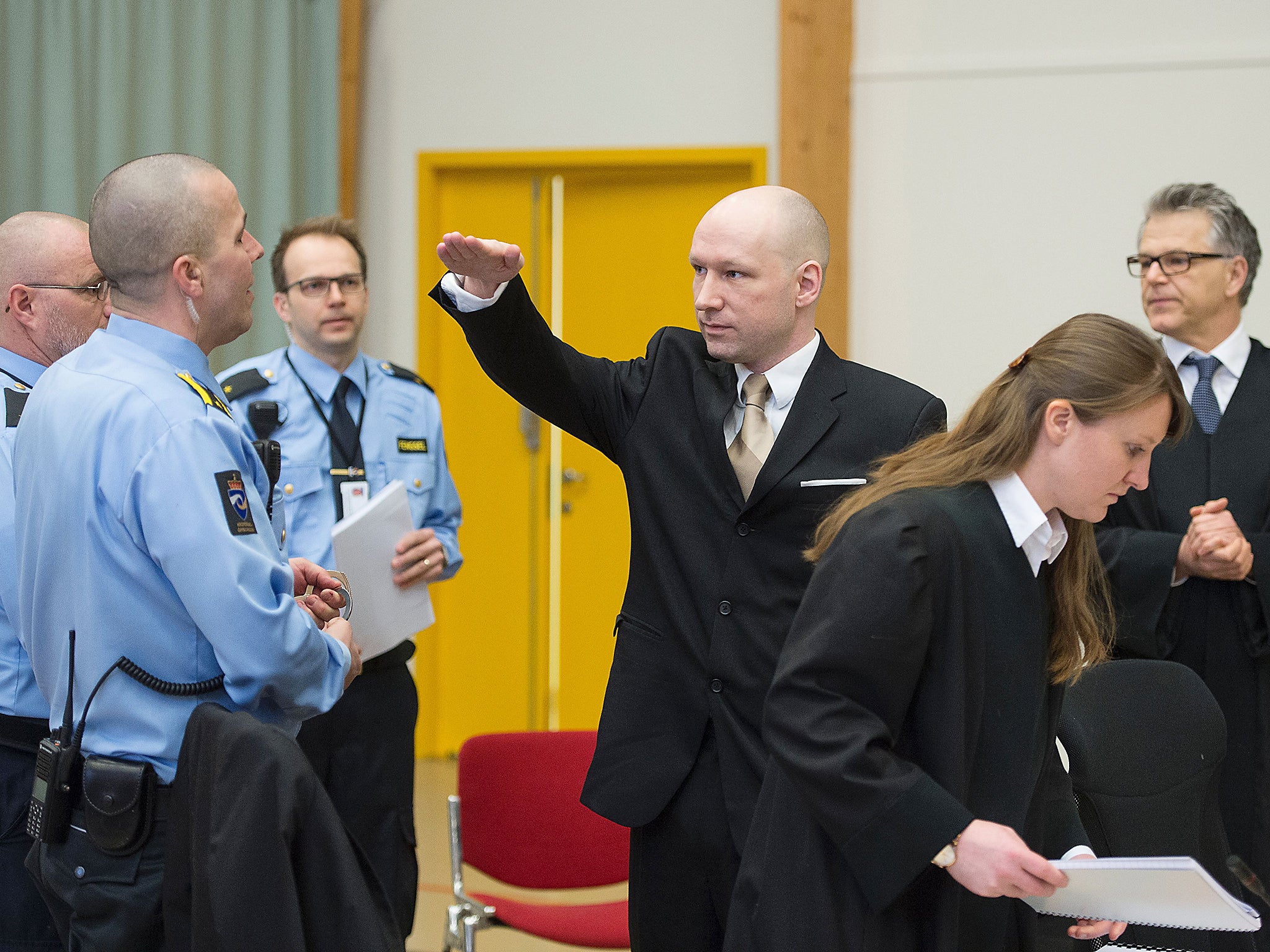 Breivik arrives at a makeshift court in Skien prison in March for his lawsuit against the Norwegian state, which he accused of violating his human rights