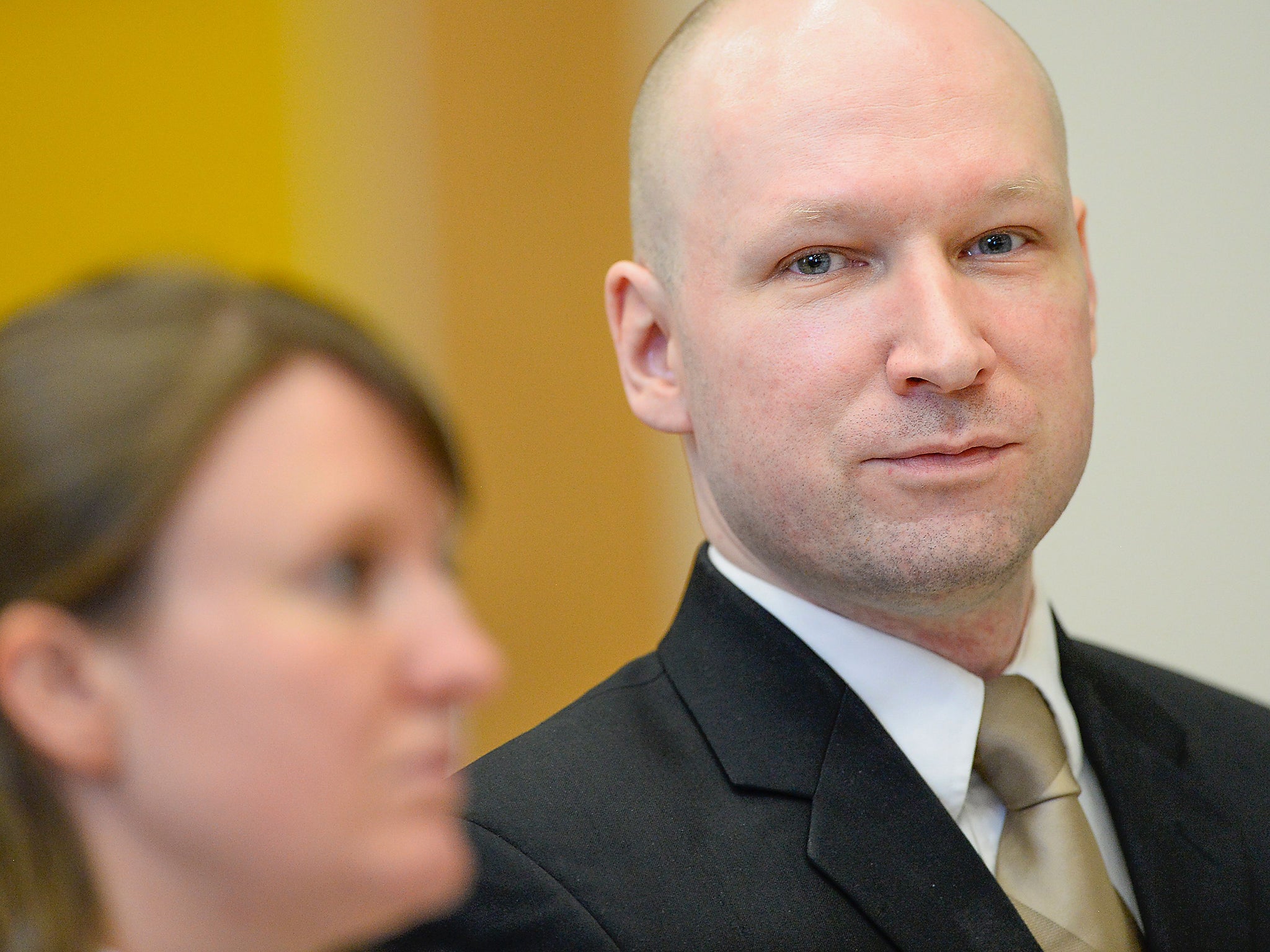 Norwegian mass killer Anders Behring Breivik attends a makeshift court in Skien prison earlier this year