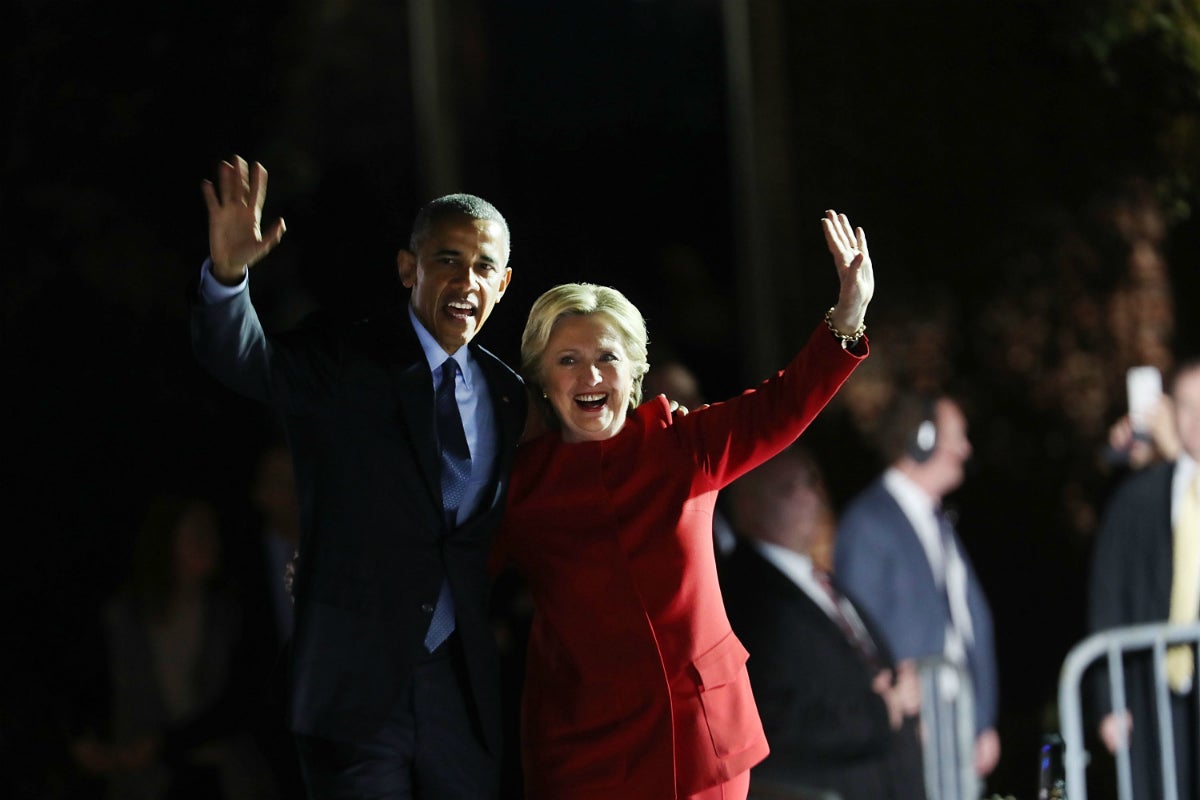 Hillary Clinton and President Barack Obama during an election eve rally