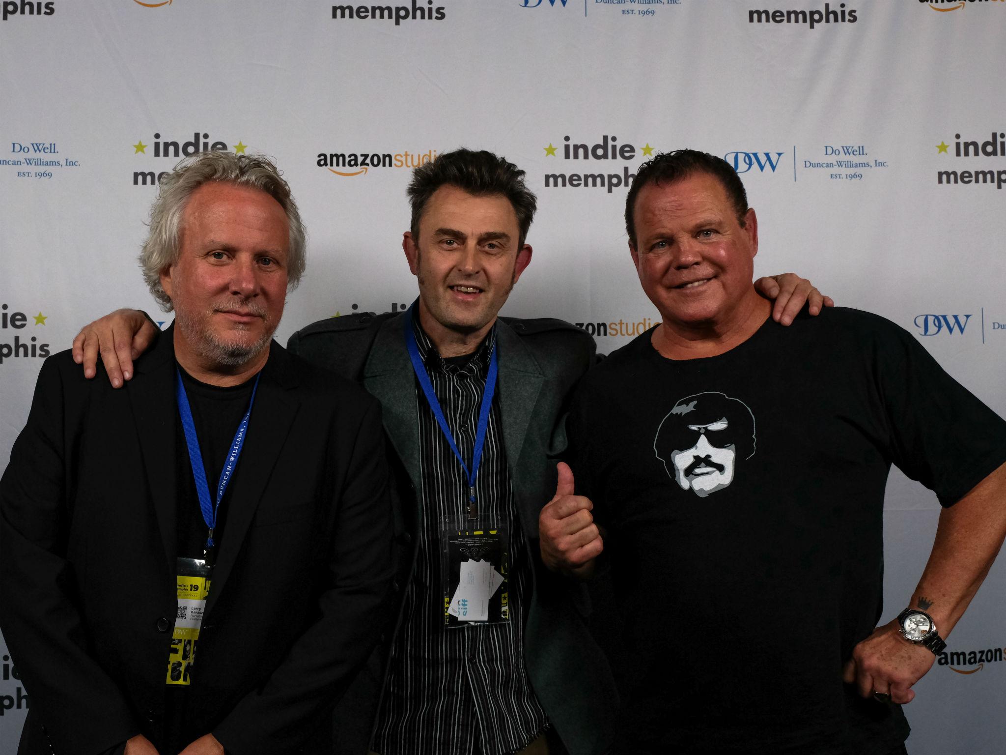 The People versus O.J. Simpson scribe Larry Karaszewski (left), with Destroy Memphis director Mike McCarthy (centre) and wrestler Jerry Lawler (right) at Indie Memphis (Photo by Hugo Reynolds)