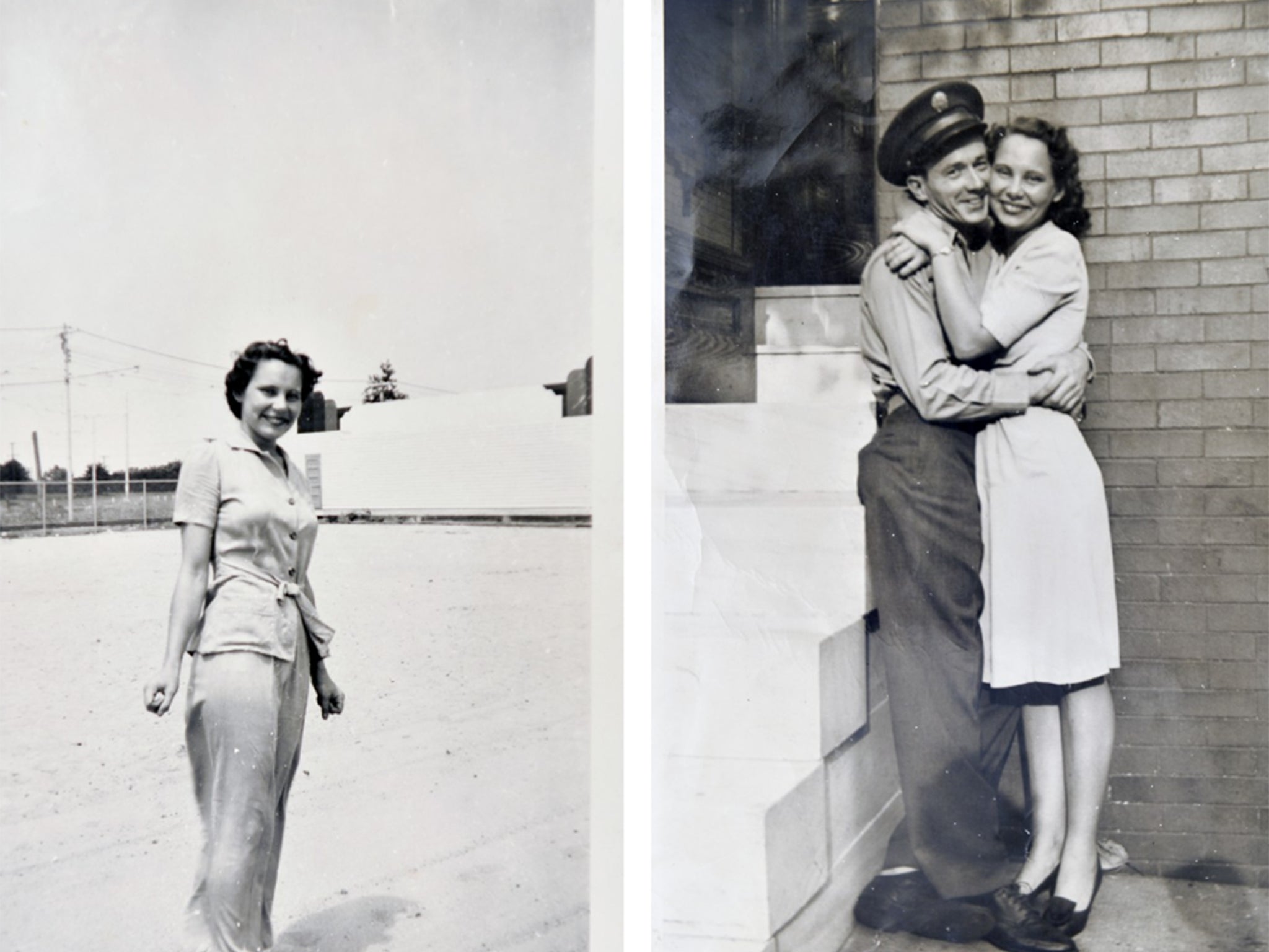 Gladys poses wearing one of her first pairs of trousers and with her husband, Robert “Bob” Ament, after his return from the war in 1946