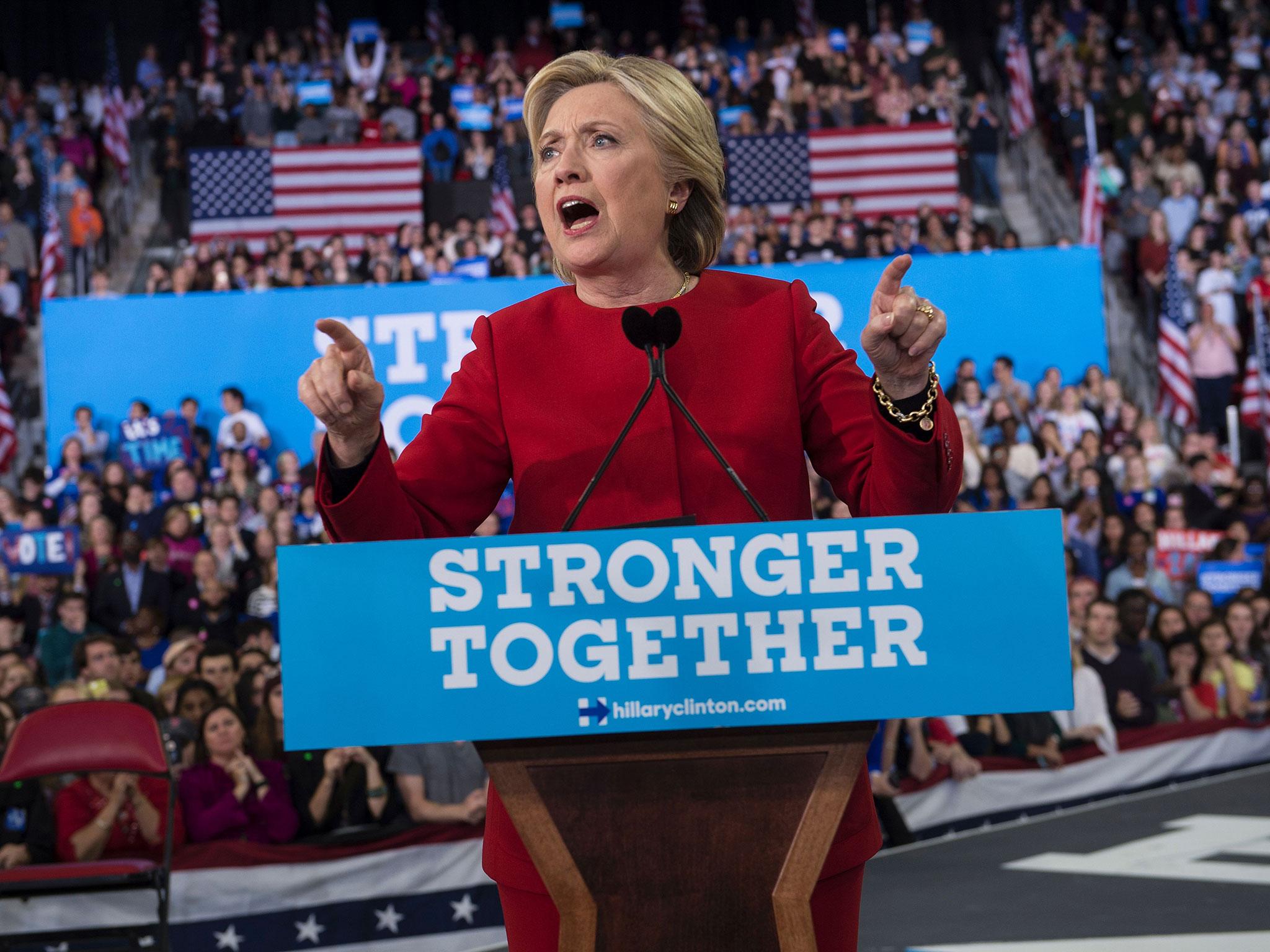 Democratic presidential nominee Hillary Clinton speaks during a midnight rally at Reynolds Coliseum 8 November, 2016 in Morrisville, North Carolina