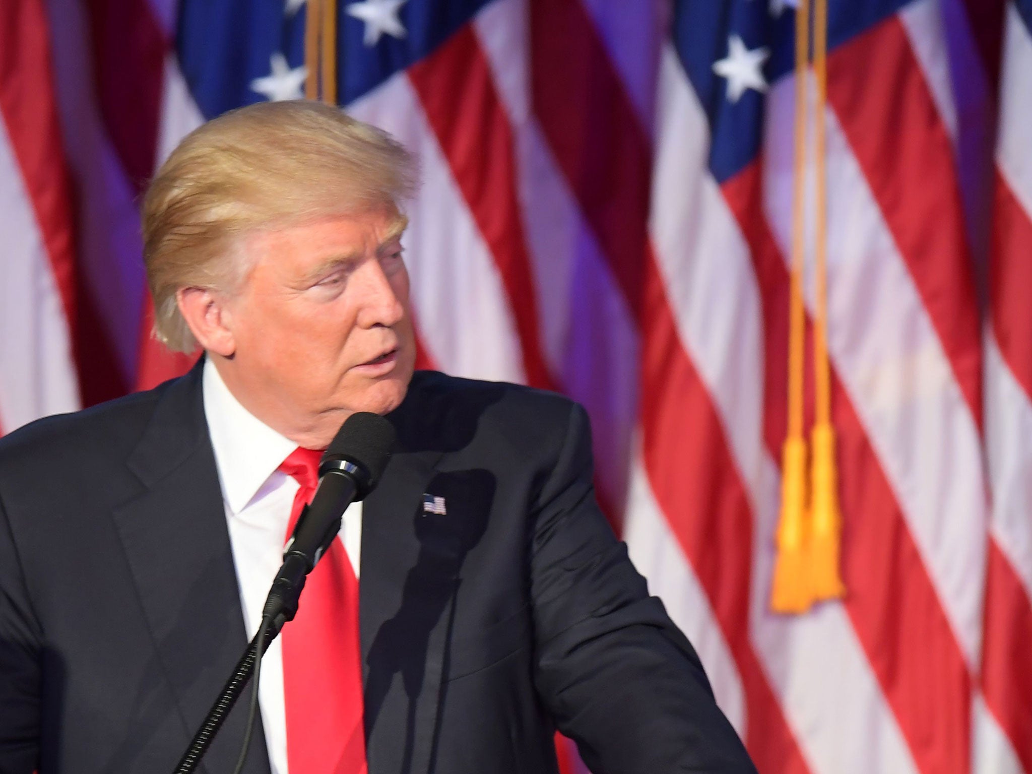 Republican presidential elect Donald Trump gives his victory speech at the New York Hilton Midtown in New York on November 9, 2016