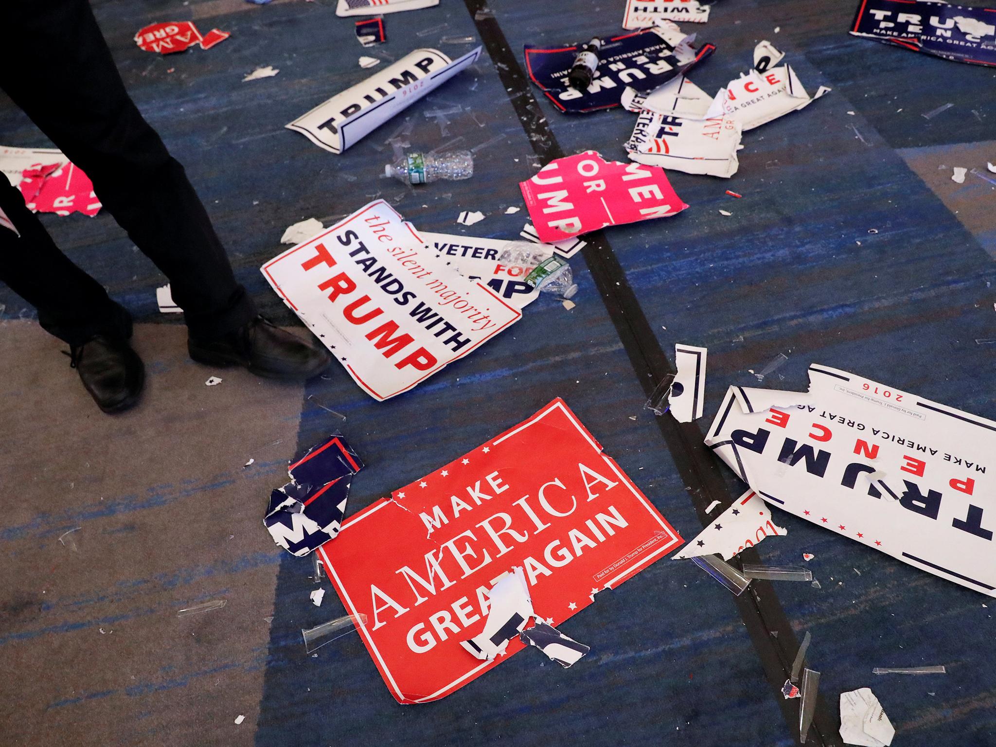The discarded signs following Republican presidential nominee Donald Trump's election night rally at the New York Hilton Midtown in Manhattan