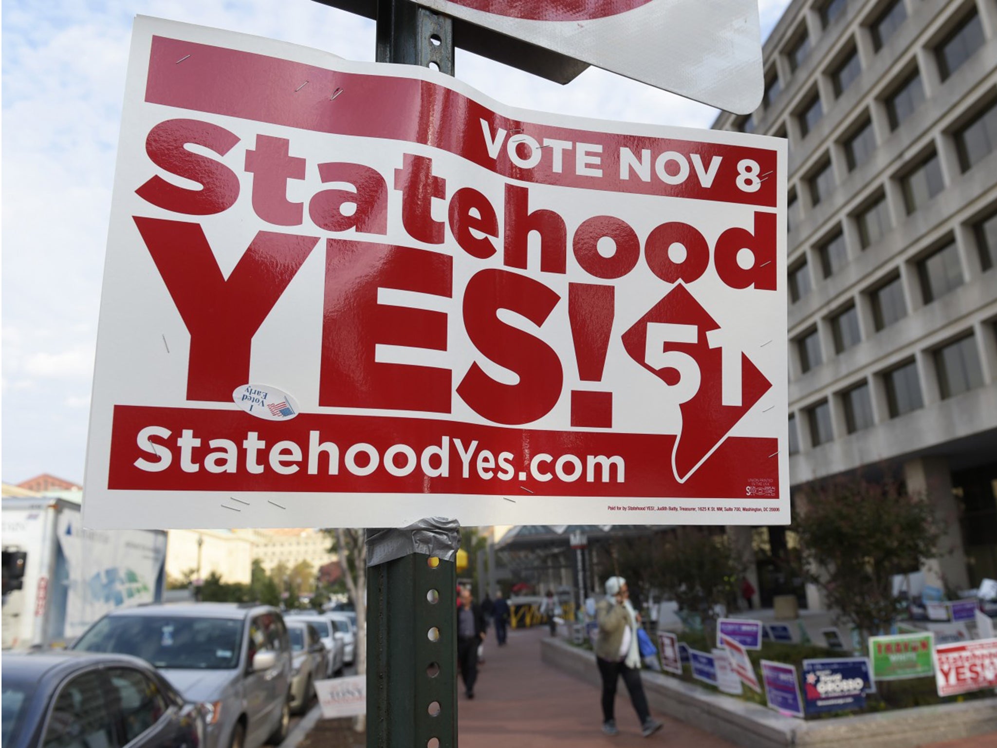 A sign supporting D.C. statehood on display outside an early voting site in Washington