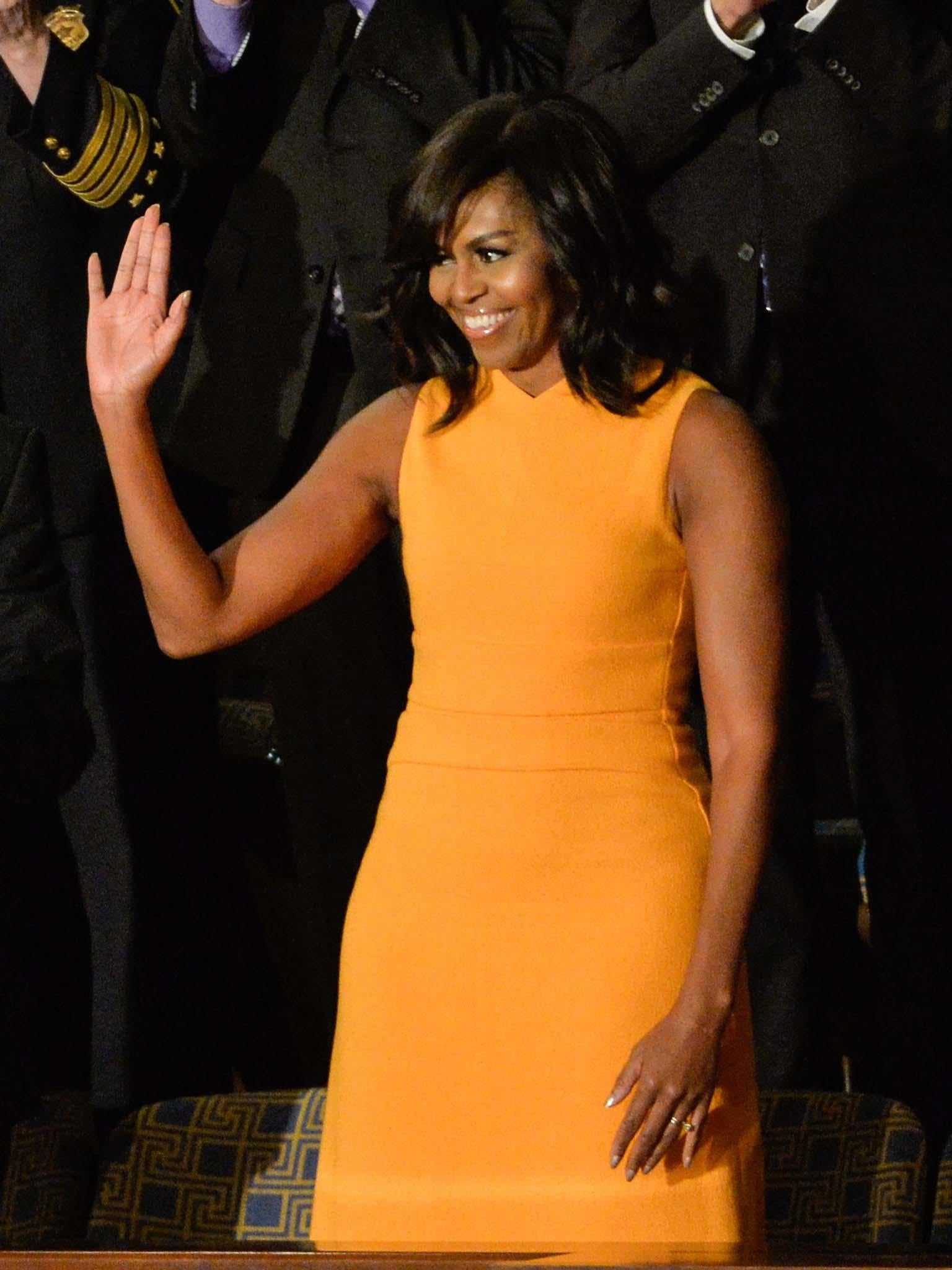 Michelle Obama at the State of the Union Address wearing Narciso Rodriguez