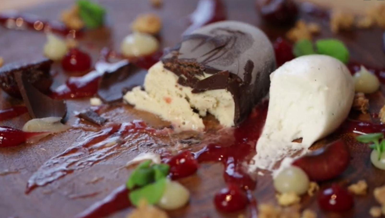 A close-up of the chocolate-covered foie gras ice-cream