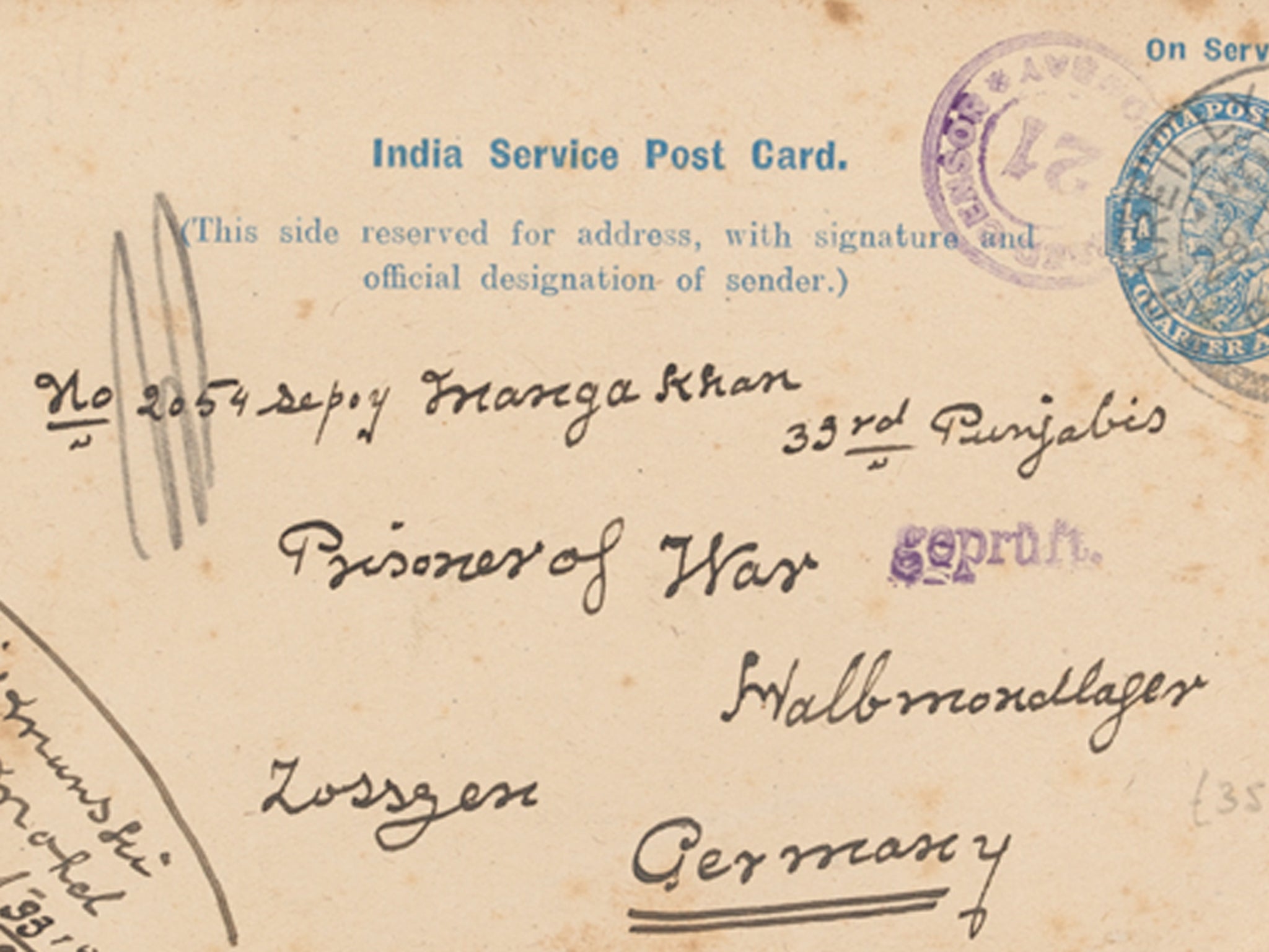Postcard sent to ‘LIEUT For Officer Commanding depot 33rd Punjabis’ by Sepoy Manga Khan, 33rd Punjabis, who was a prisoner of war at Halbmondlager in Zossen, Germany
