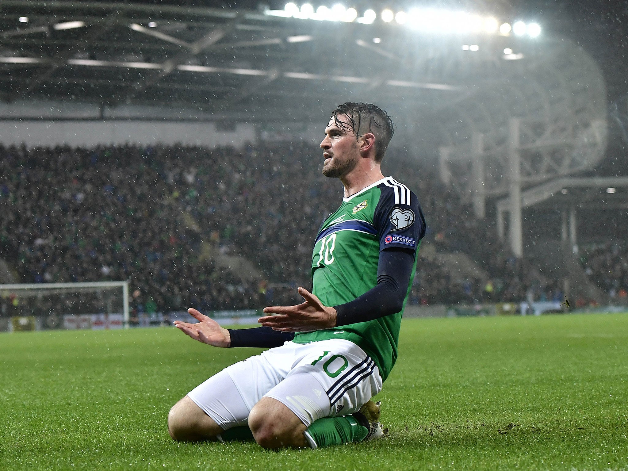 Lafferty celebrates opening the scoring at Windsor Park