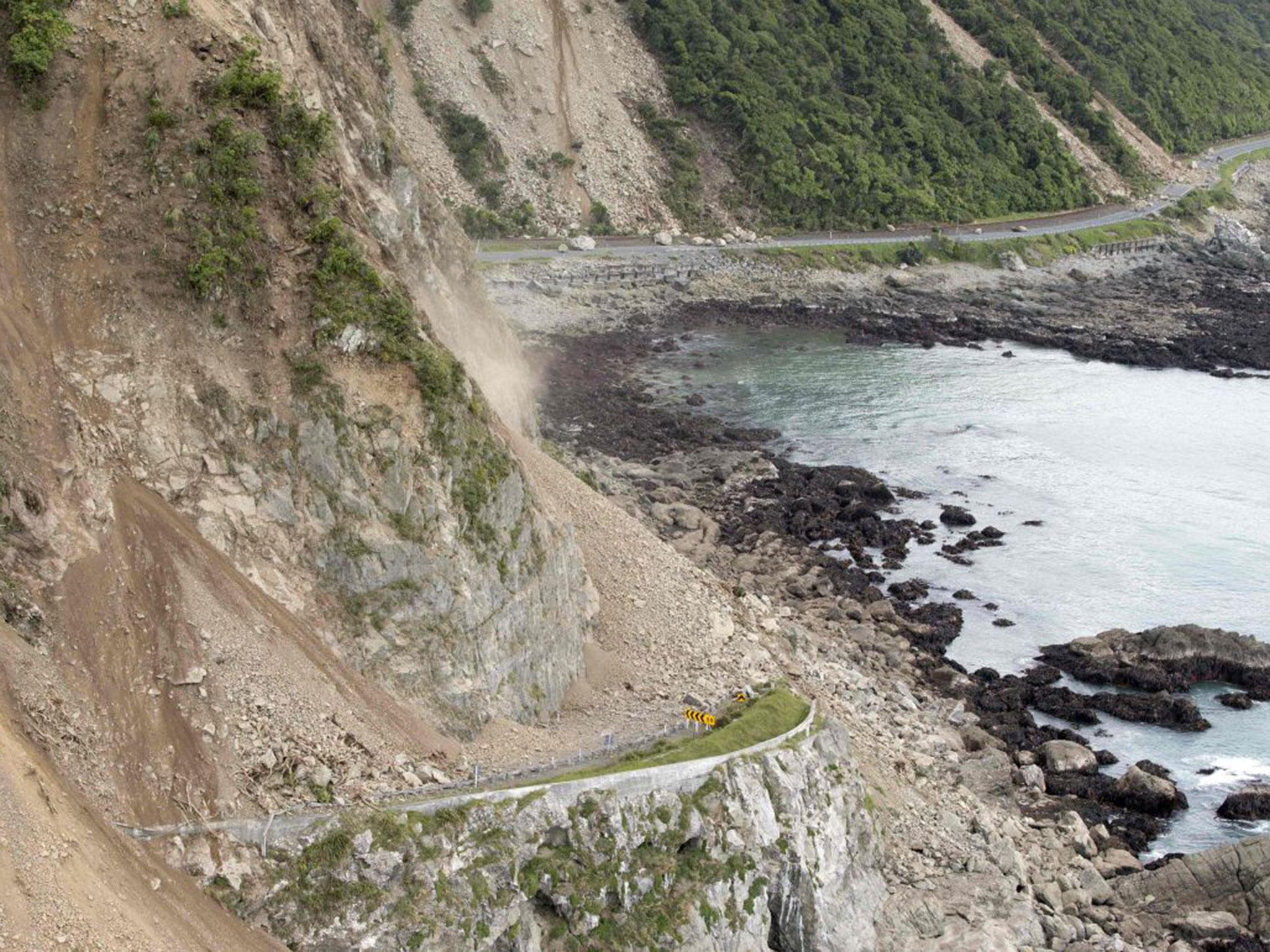 Landslide damage to State Highway One near Ohau Point on the South Island's east coast