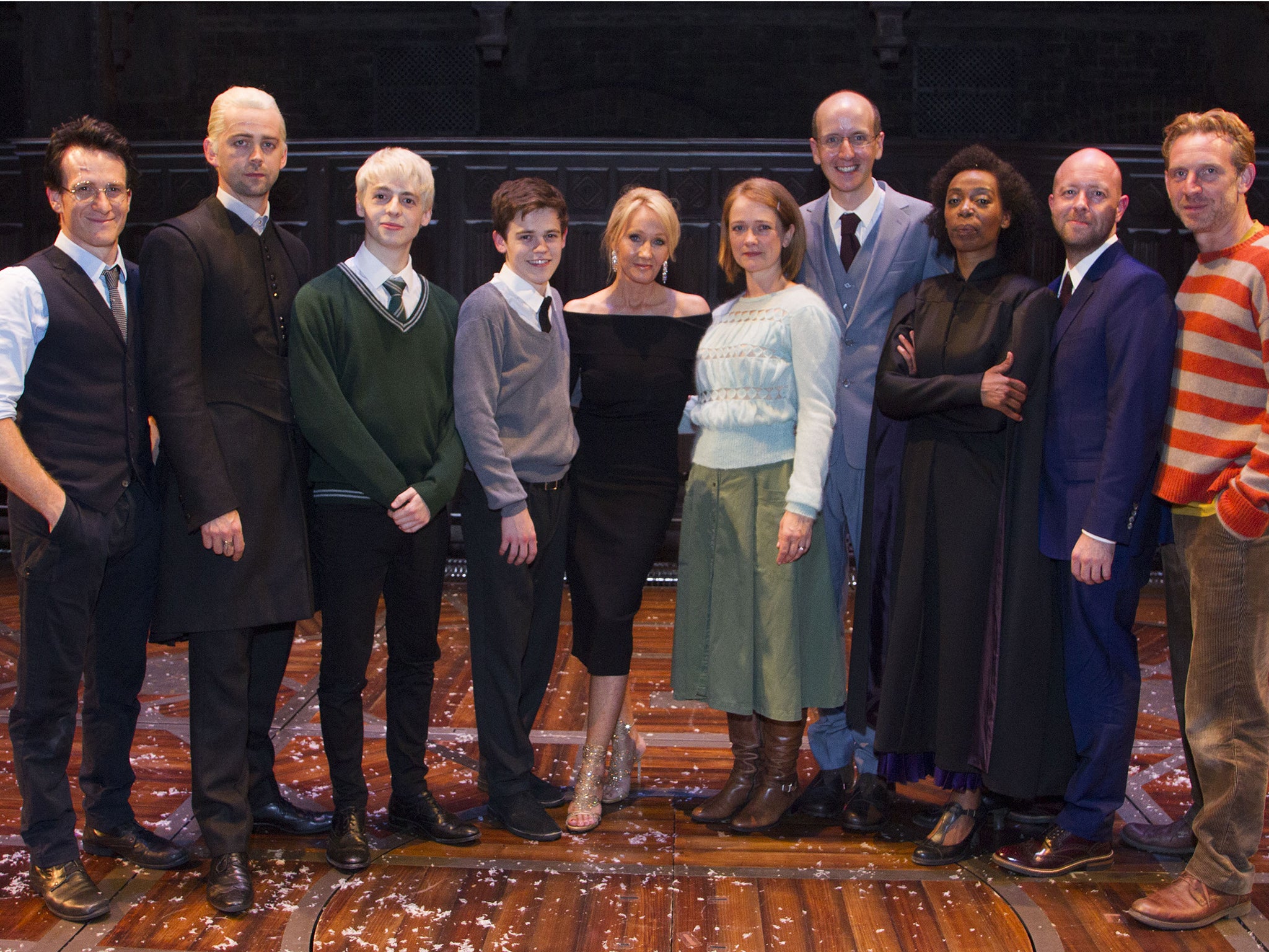 The cast of the West End production of Harry Potter and the Cursed Child with author J.K. Rowling