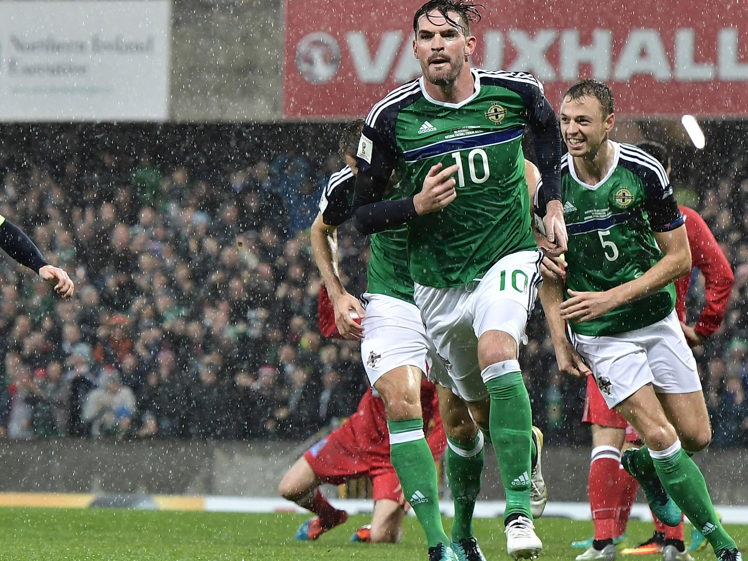 Kyle Lafferty celebrates as Northern Ireland brushed aside Azerbaijan on Friday