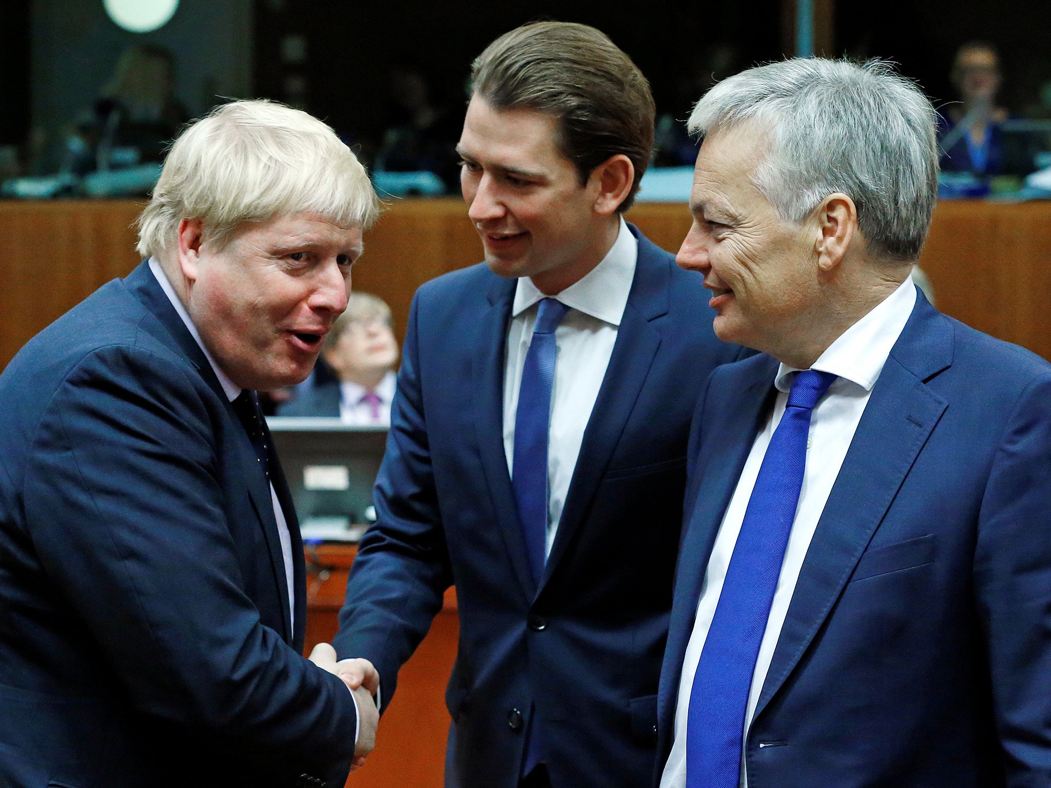 The Foreign Secretary meeting Austria's Foreign Minister Sebastian Kurz (centre), and Belgium's Foreign Minister Didier Reynders in Brussels on Monday