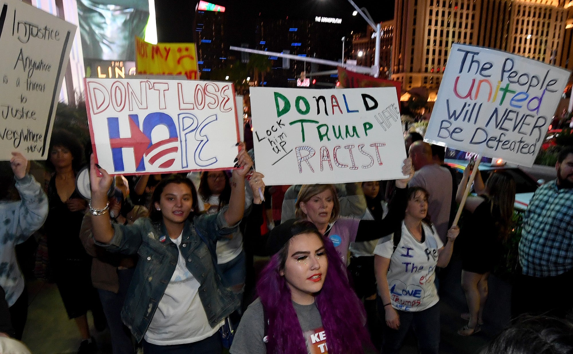 Anti-Donald Trump protesters march on the Las Vegas Strip on November 12, 2016 in Las Vegas, Nevada. The election of Trump as president has sparked protests in cities across the country.