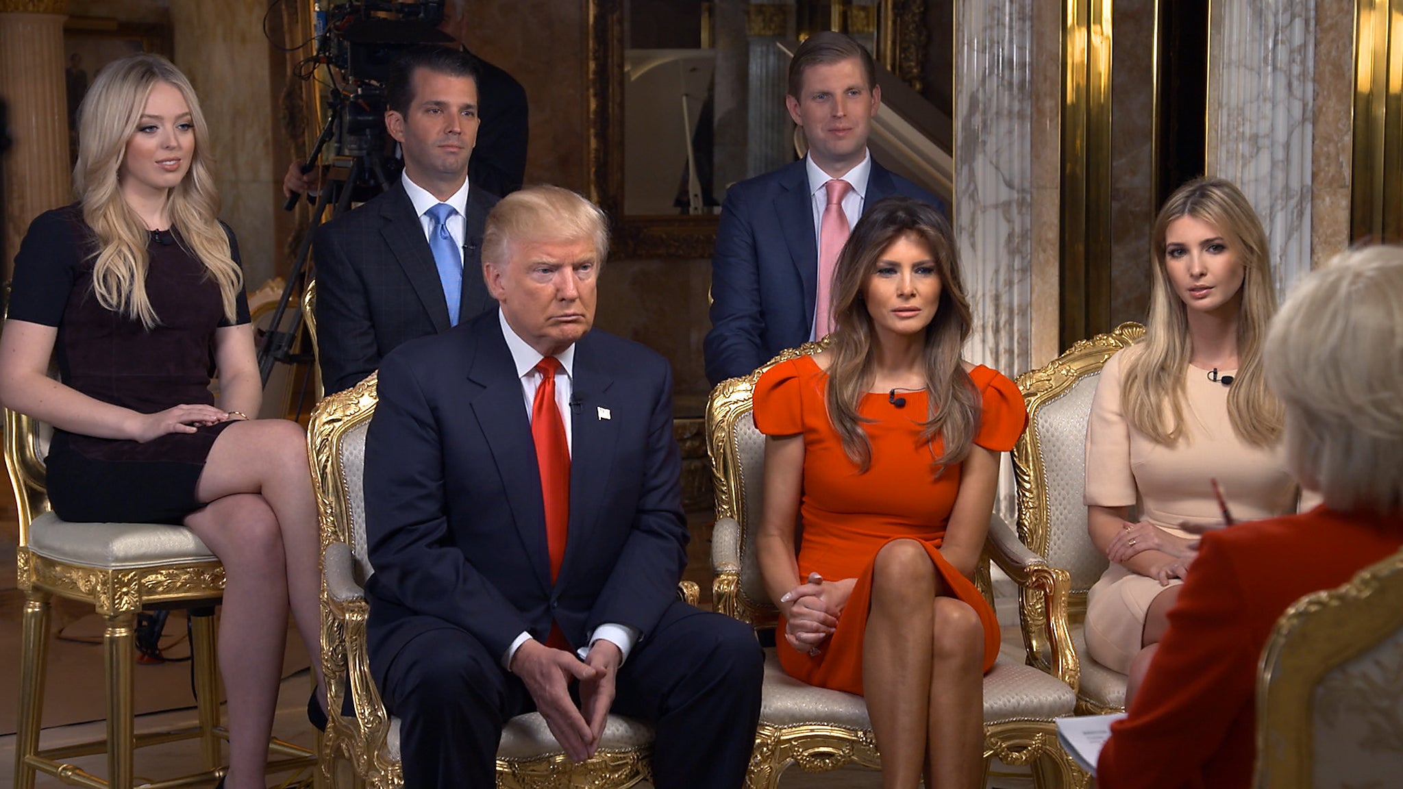 Mr Trump with daughter Tiffany, son Trump Jr., son Eric, wife Melania, and daughter Ivanka at his Manhattan home during a post-election interview