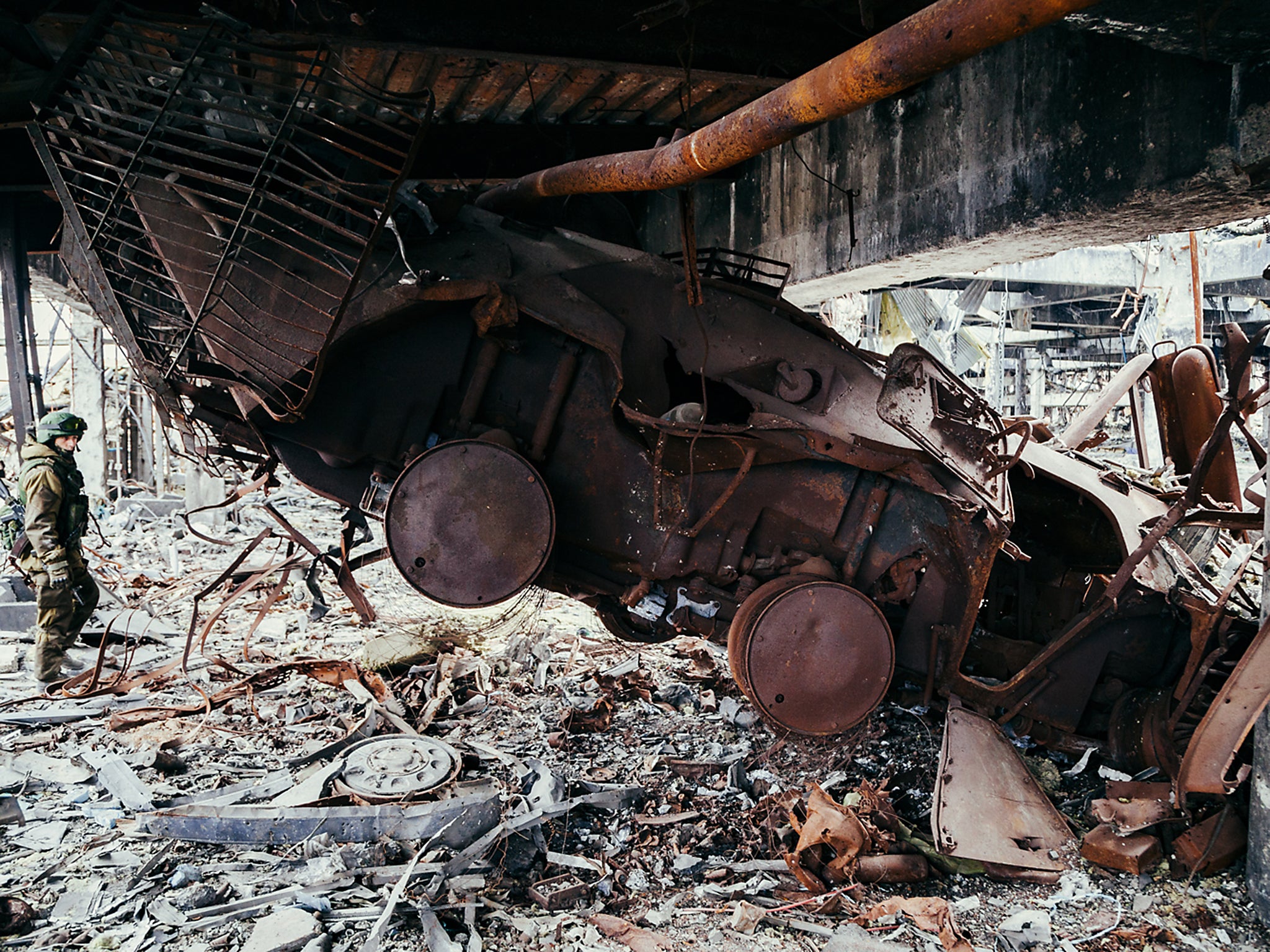 The remains of an exploded Ukrainian tank