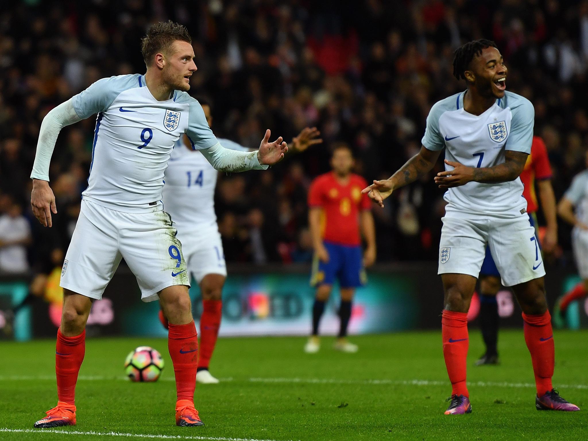 Vardy celebrates his goal against Spain on Tuesday evening (Getty)