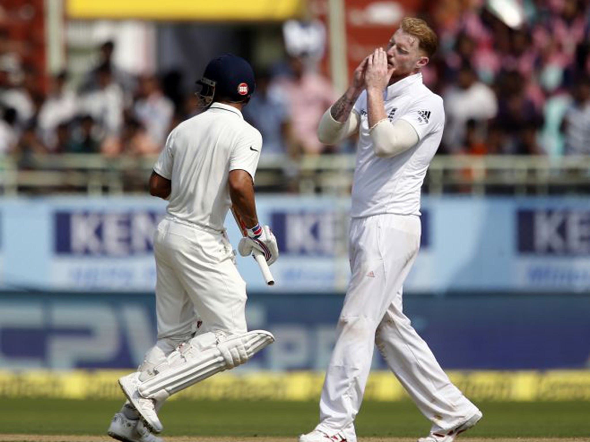 Stokes reacts after one of his team-mates misfields