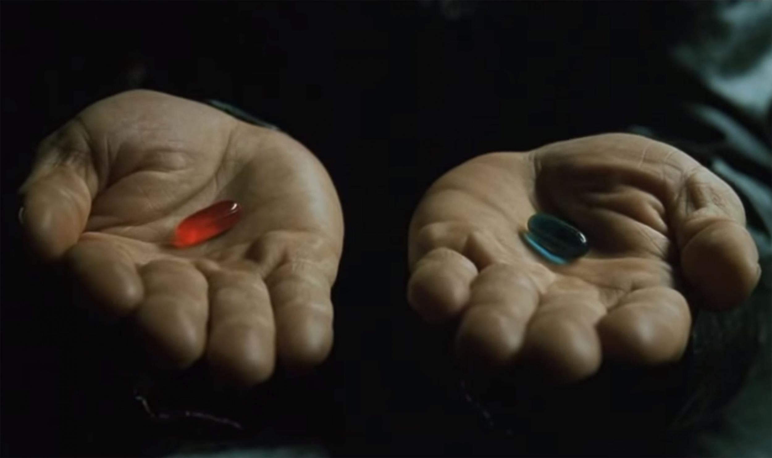 Morpheus (Laurence Fishburne) explains what the Matrix is and offers Neo (Keanu Reeves) the chance to "wake up" by taking the red pill.