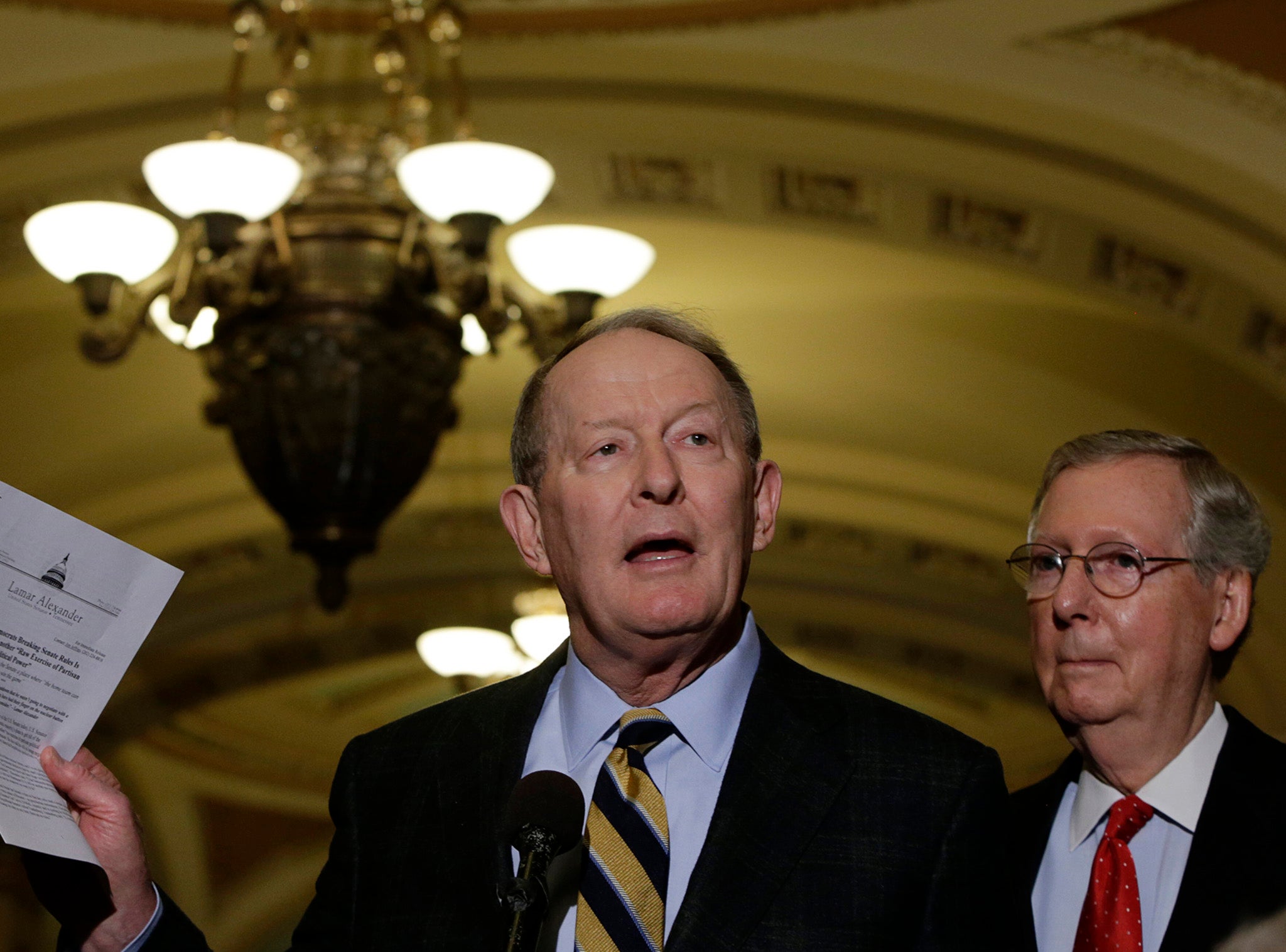 Senator Lamar Alexander (R-TN) (left) and Senate Majority Leader Mitch McConnell (R-KY) (right) at a press conference