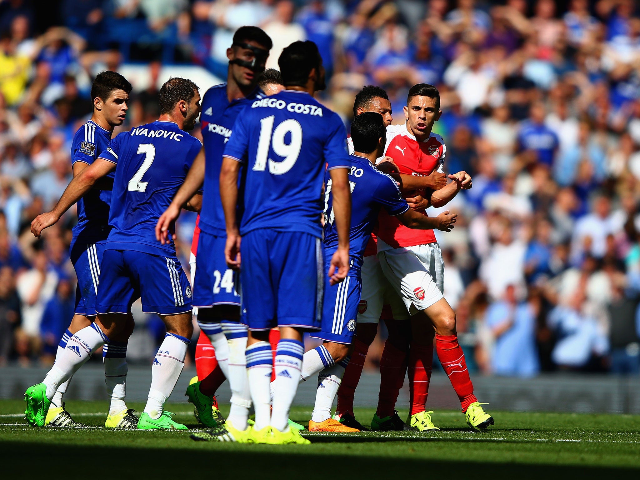 Gabriel Paulista was sent-off in September 2015 after clashing with Diego Costa