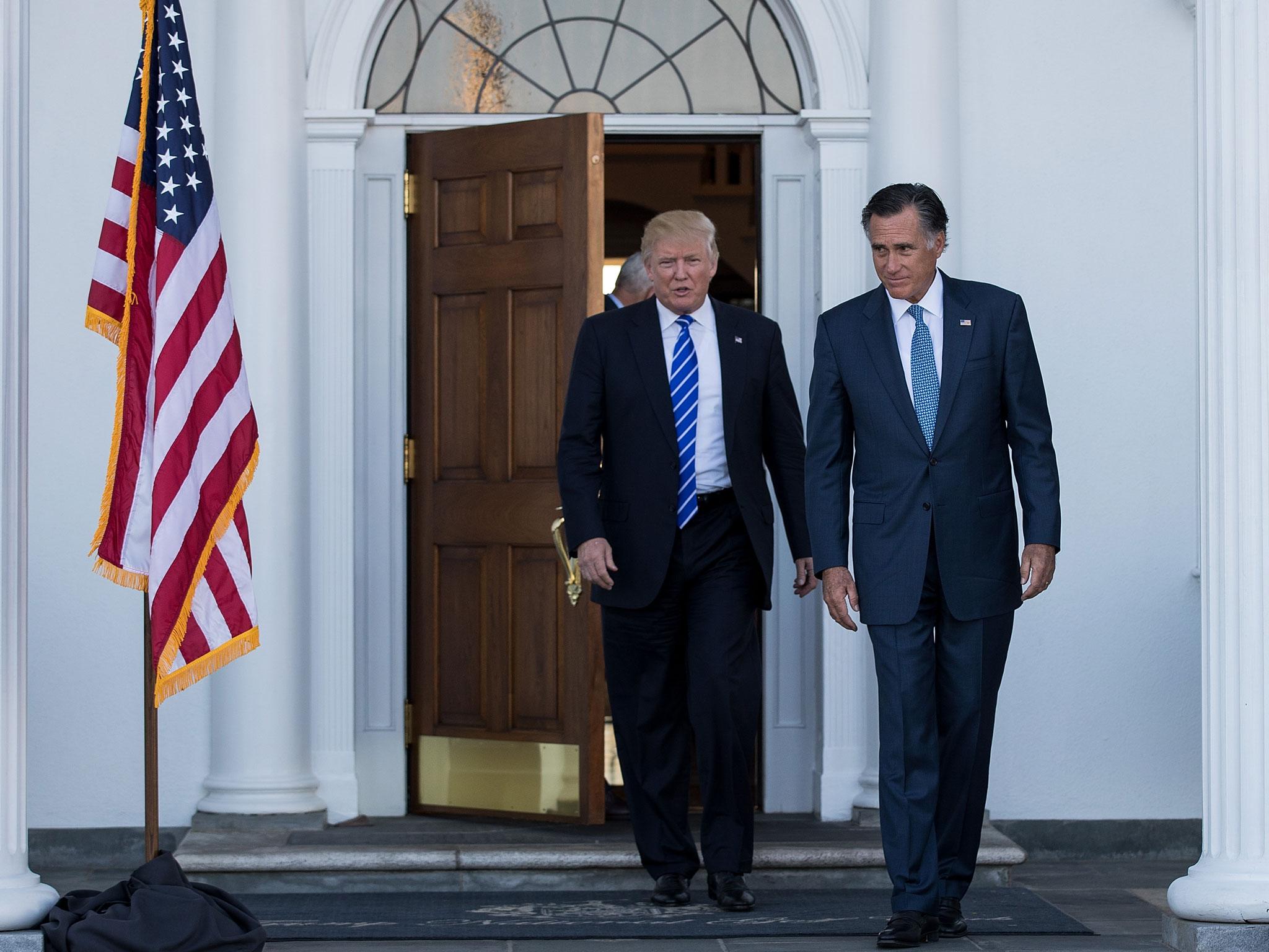 &#13;
Trump and Romney after their first meeting in Bedminster, New Jersey, earier this month (Getty)&#13;