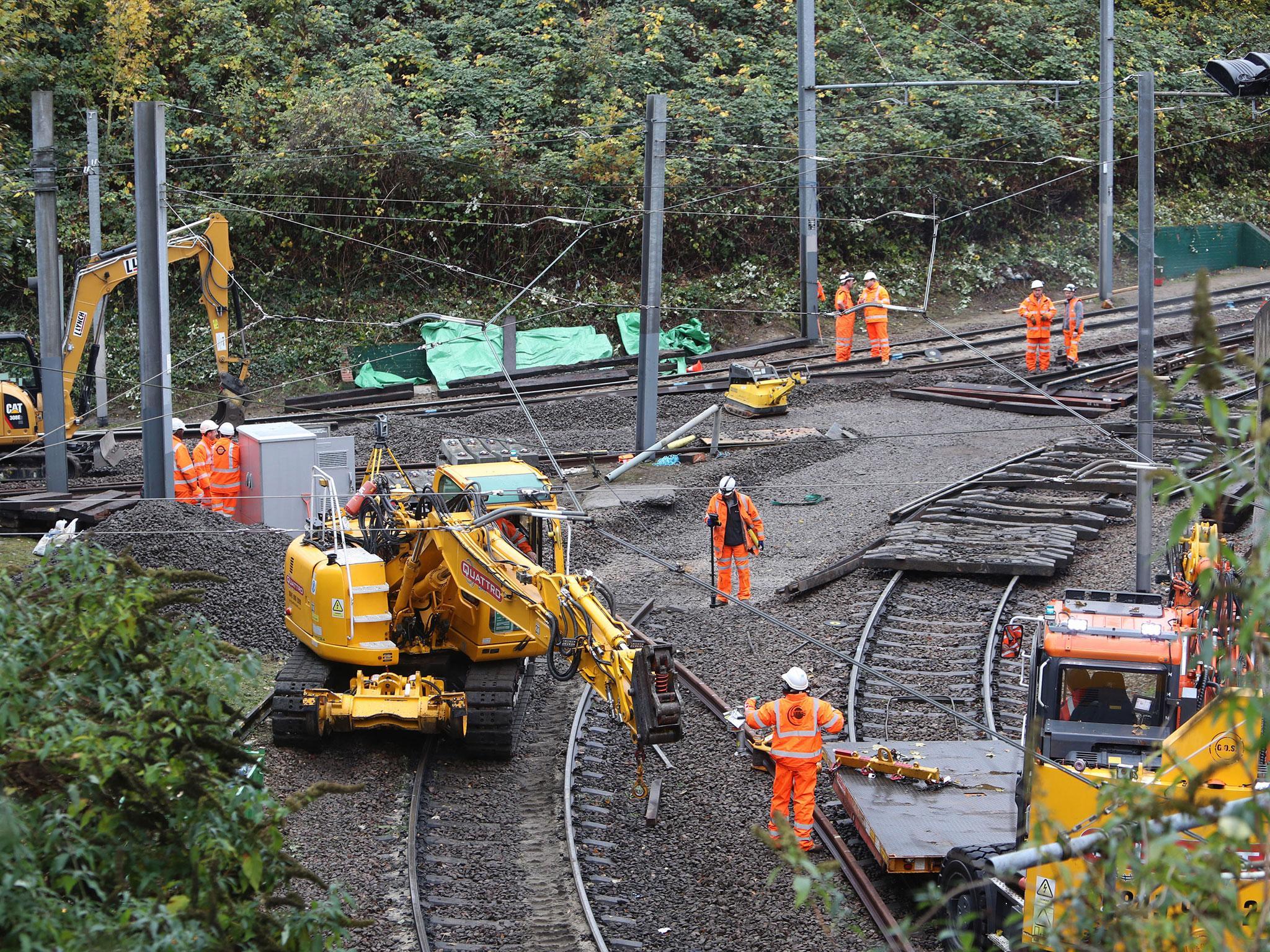 Repair work being carried out on the section of track where the tram crashed