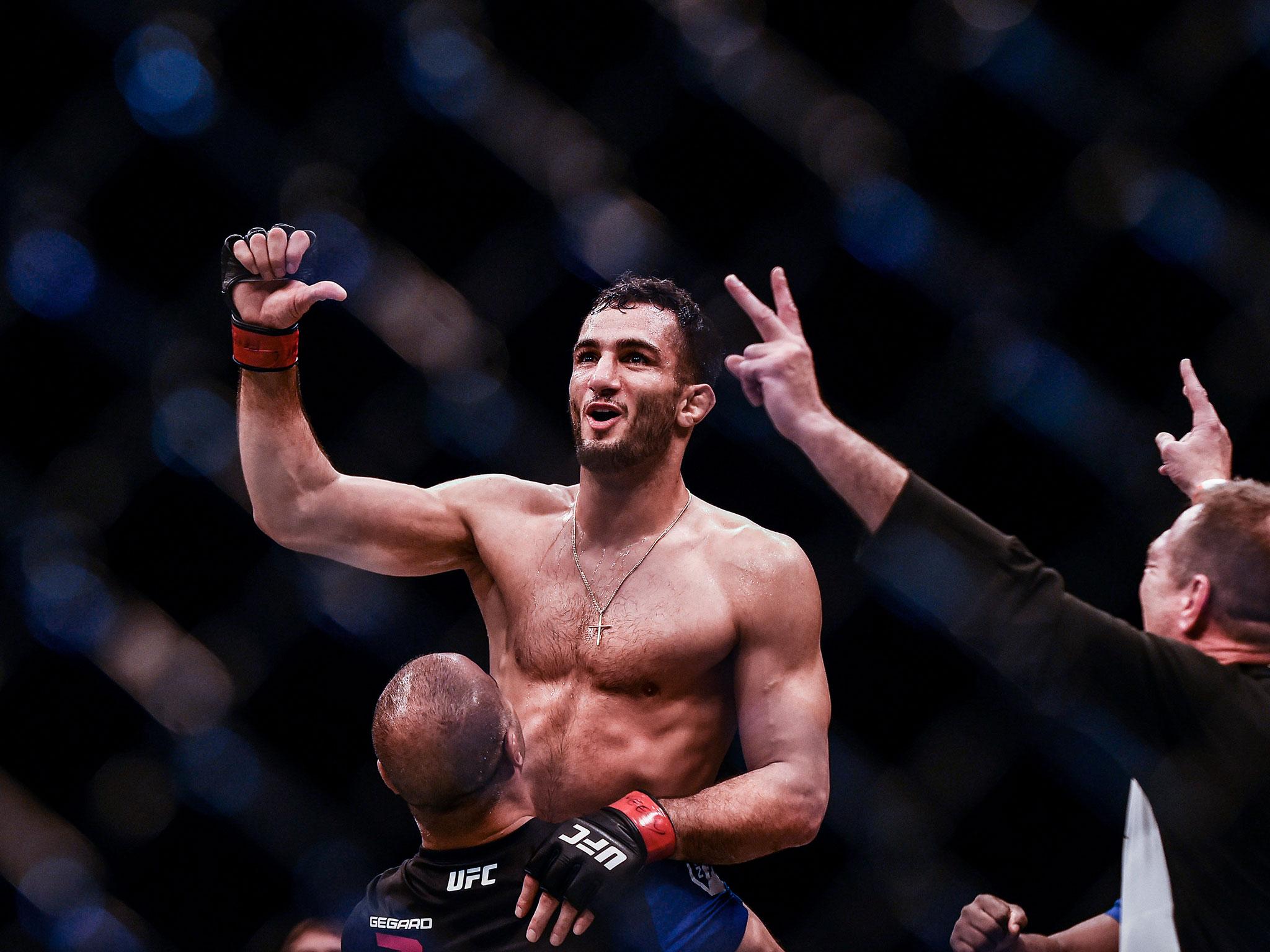 Gegard Mousasi celebrates his victory over Uriah Hall at UFC Belfast