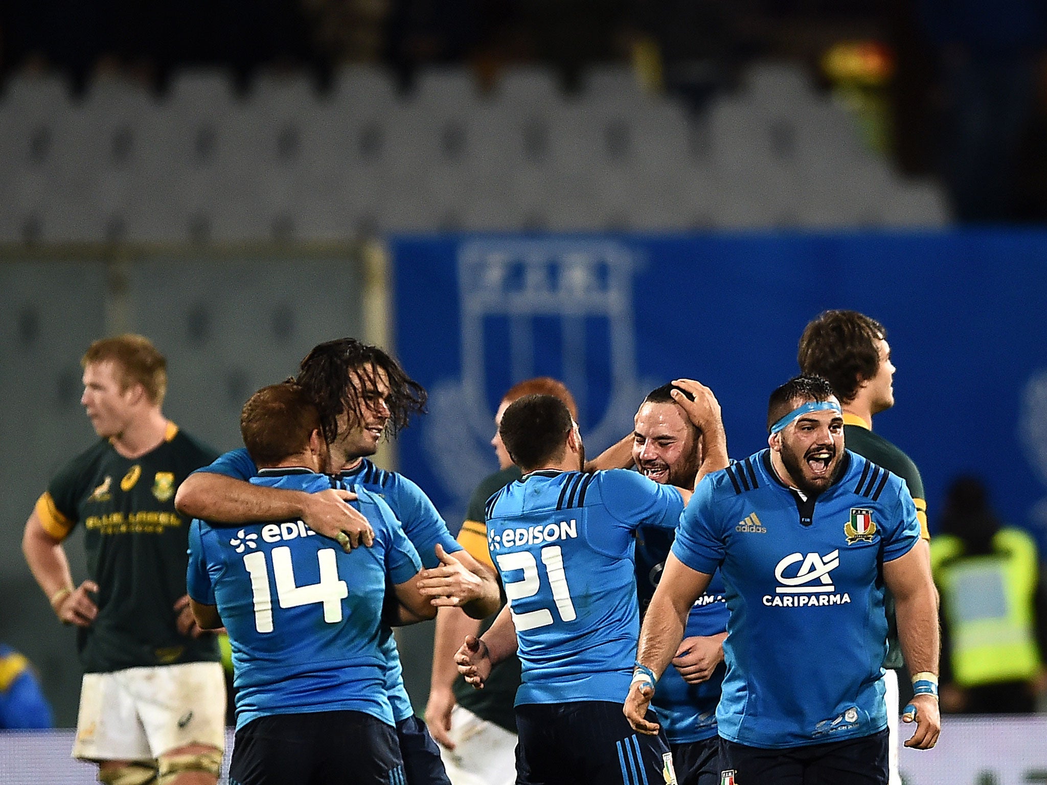 The Italians celebrate their historic victory after the final whistle