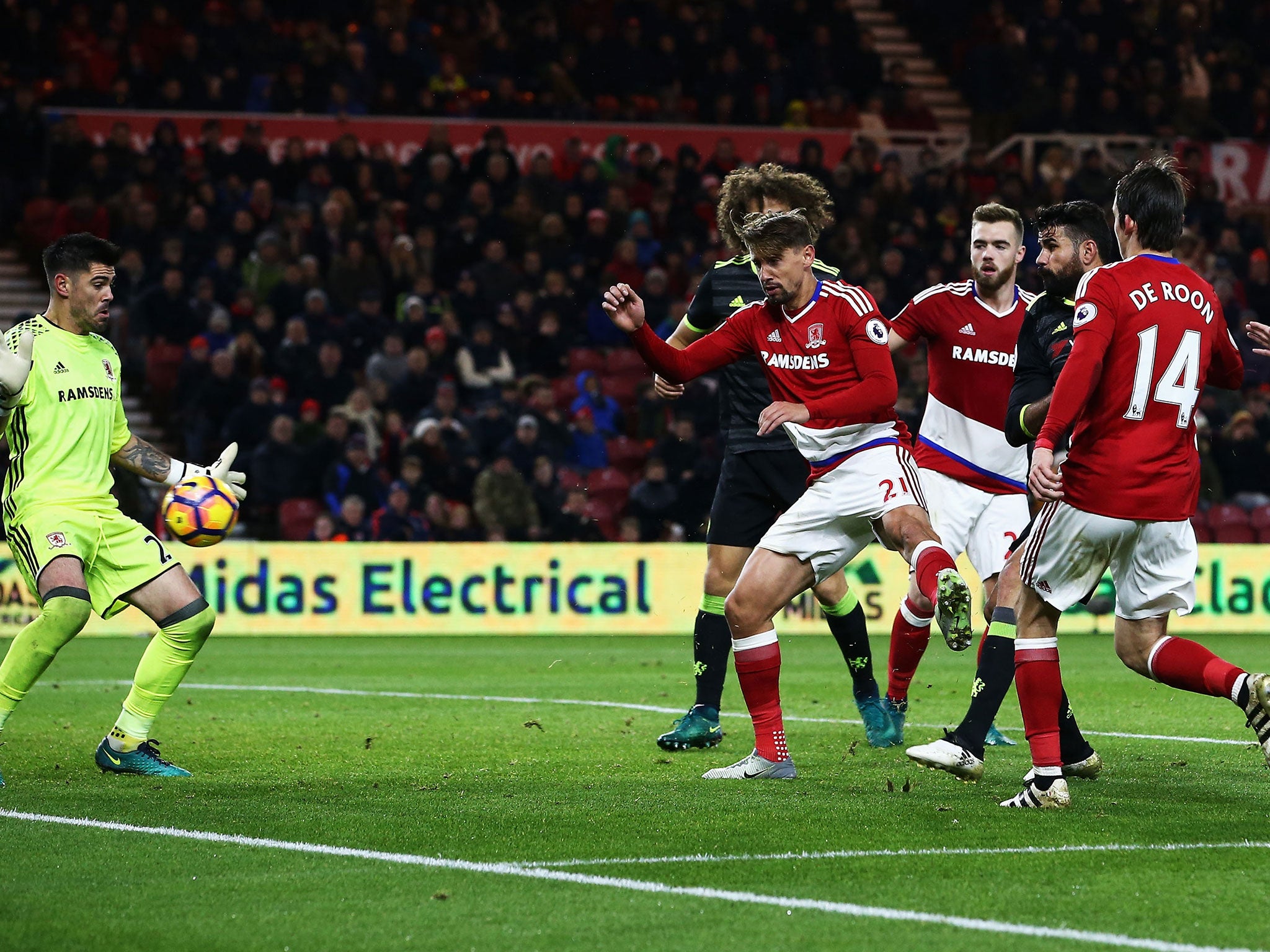 Costa pokes the ball past Victor Valdes to secure victory for Chelsea