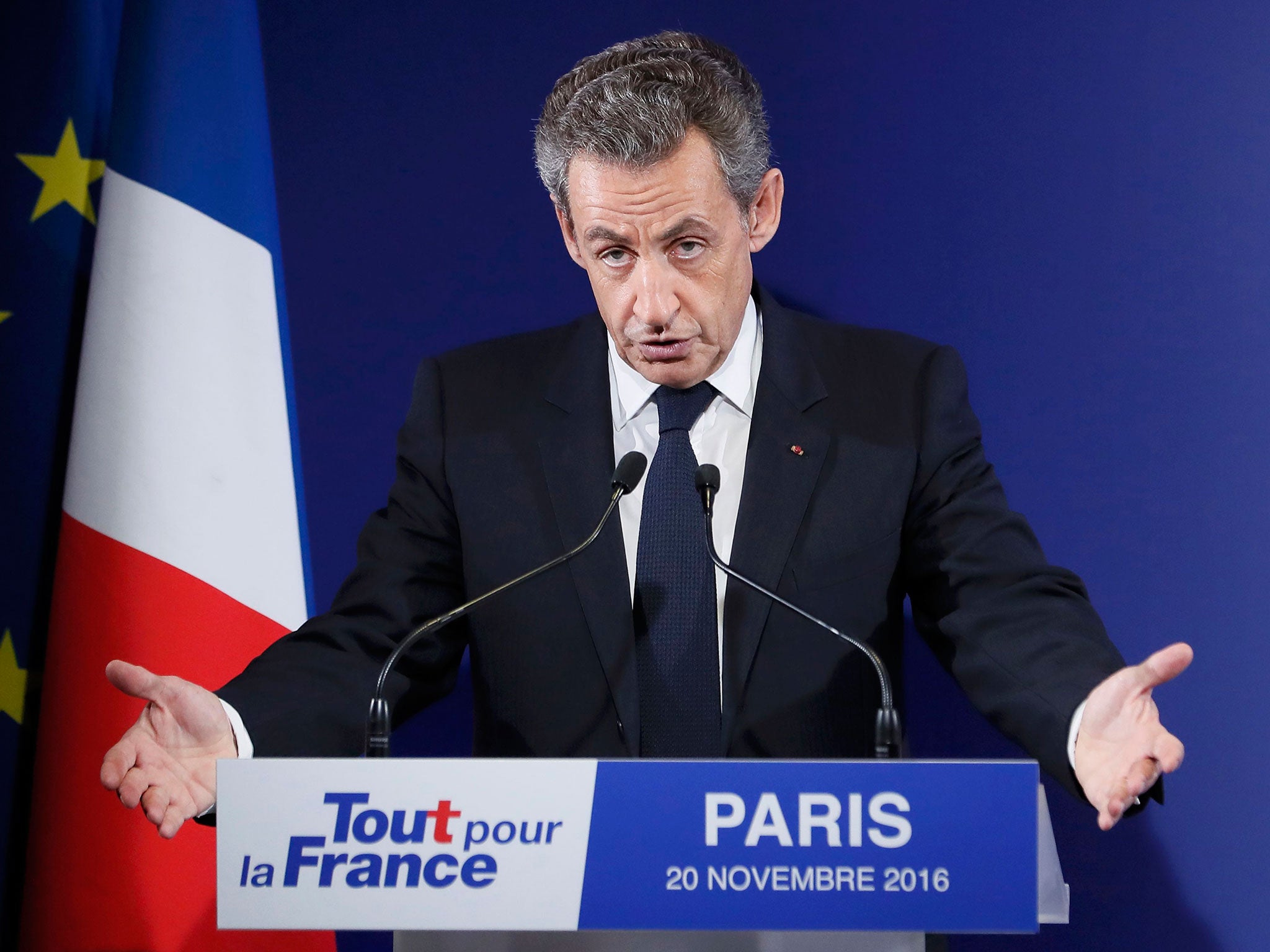 Nicolas Sarkozy speaking after his defeat in the French conservative presidential primary in Paris, France, on 20 November