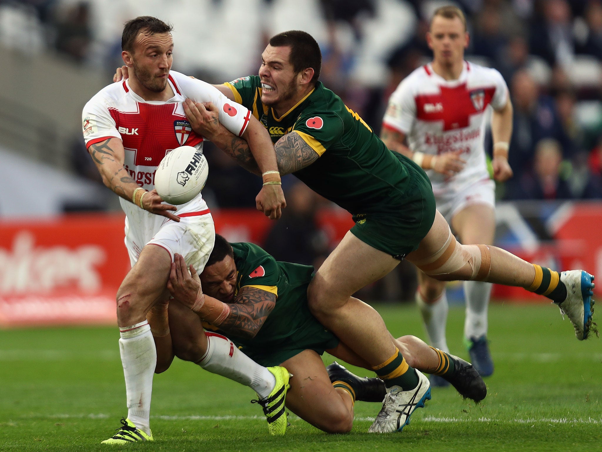 Josh Hodgson looks for the offload during England's Four Nations clash against Australia