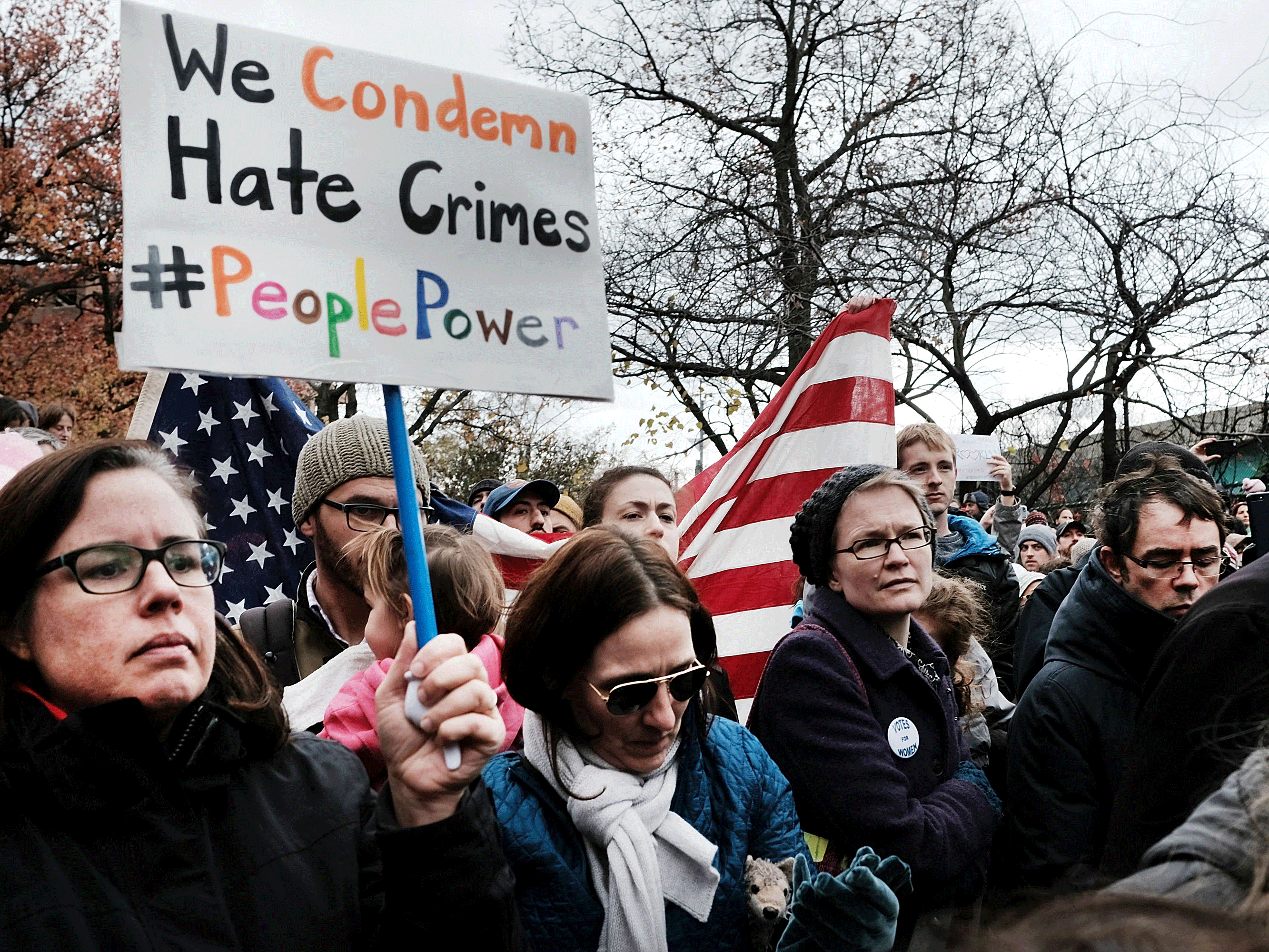 An anti-hate rally in a Brooklyn park after swastikas were scrawled over its playground on 20 November, 2016