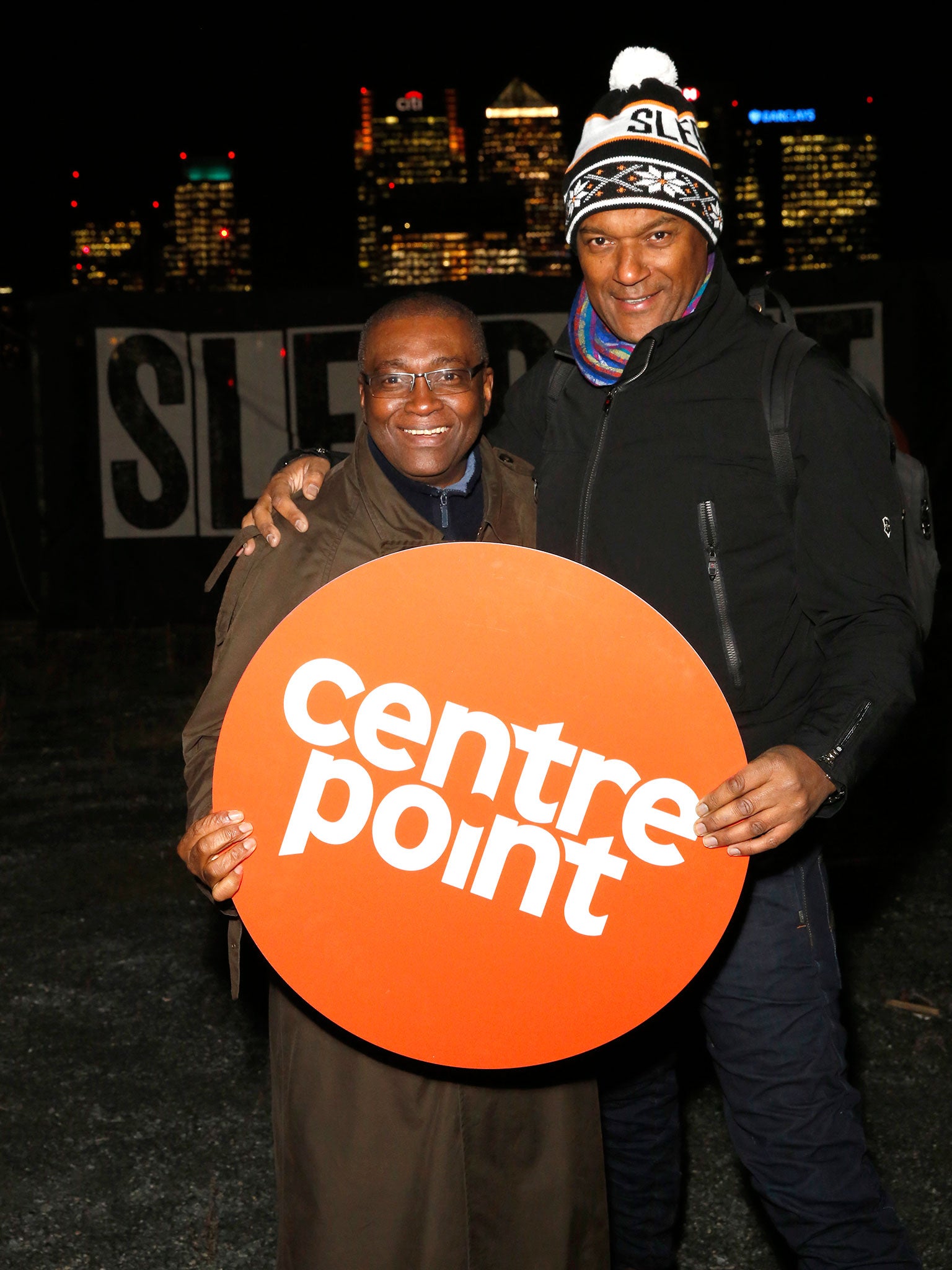 Seyi Obakin, the Chief Executive of Centrepoint, and Colin Salmon at the End Youth Homelessness Sleep Out in London's Greenwich Peninsula on 24 November
