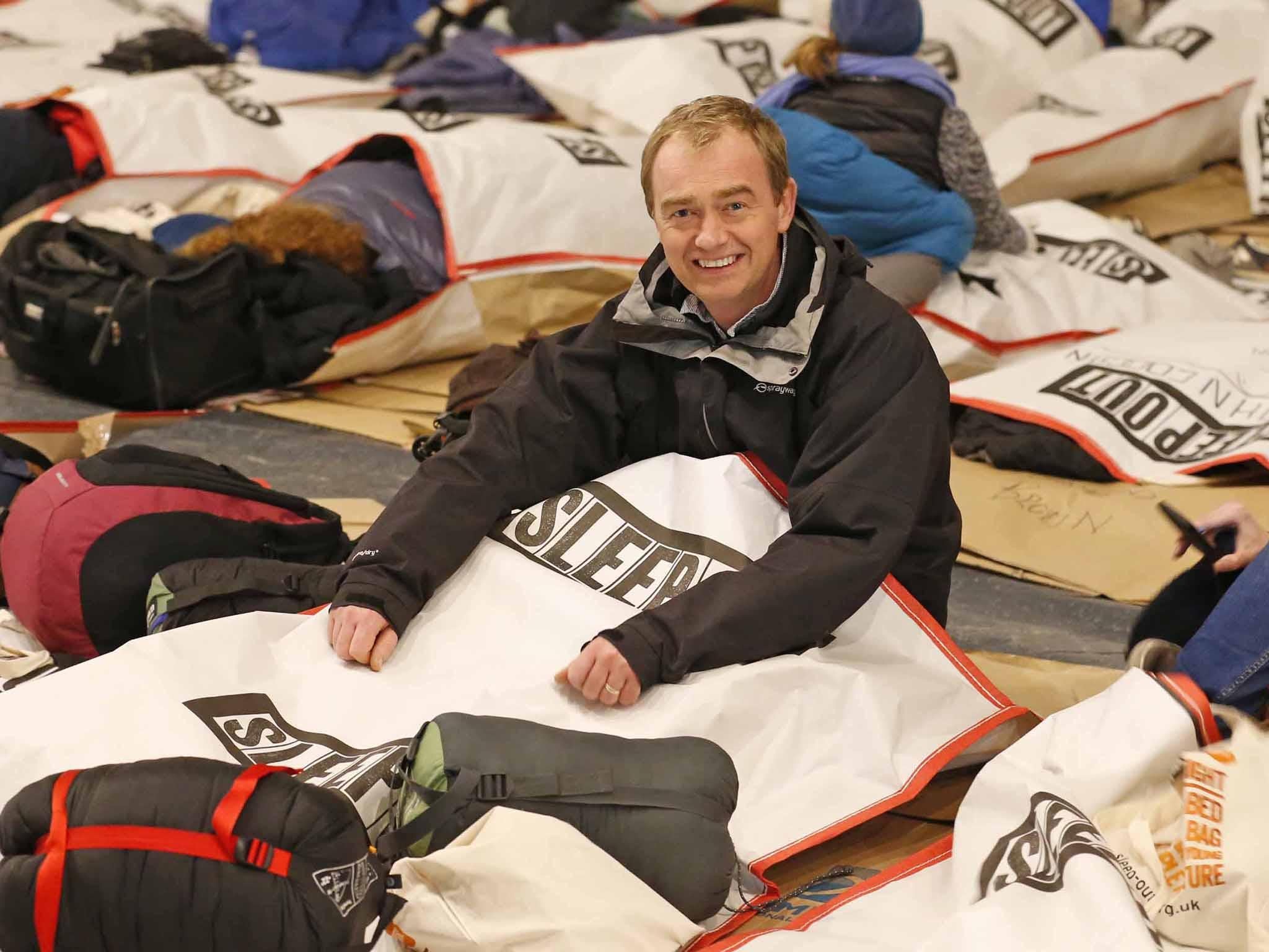 Tim Farron at a sleep out in support of The Independent's and Centerpoint's Homeless Helpline Christmas appeal