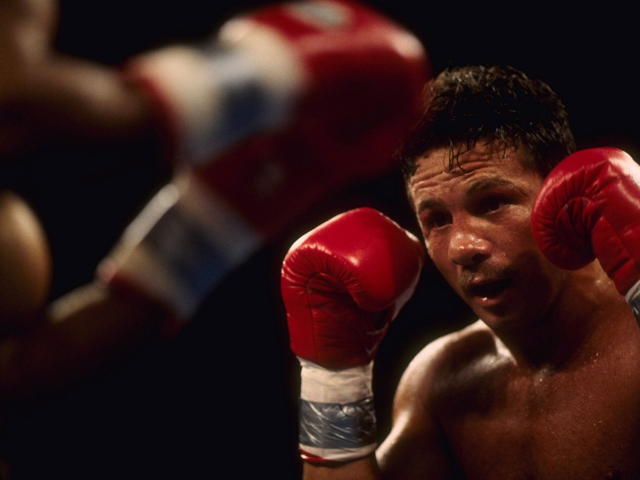 Boxer Vinny Pazienza defends against the punches of opponent Roy Jones Jr. Jones retained his International Boxing Federation Super middleweight title by defeating Pazienza in the sixth round by technical knockout. 25 Jun 1995