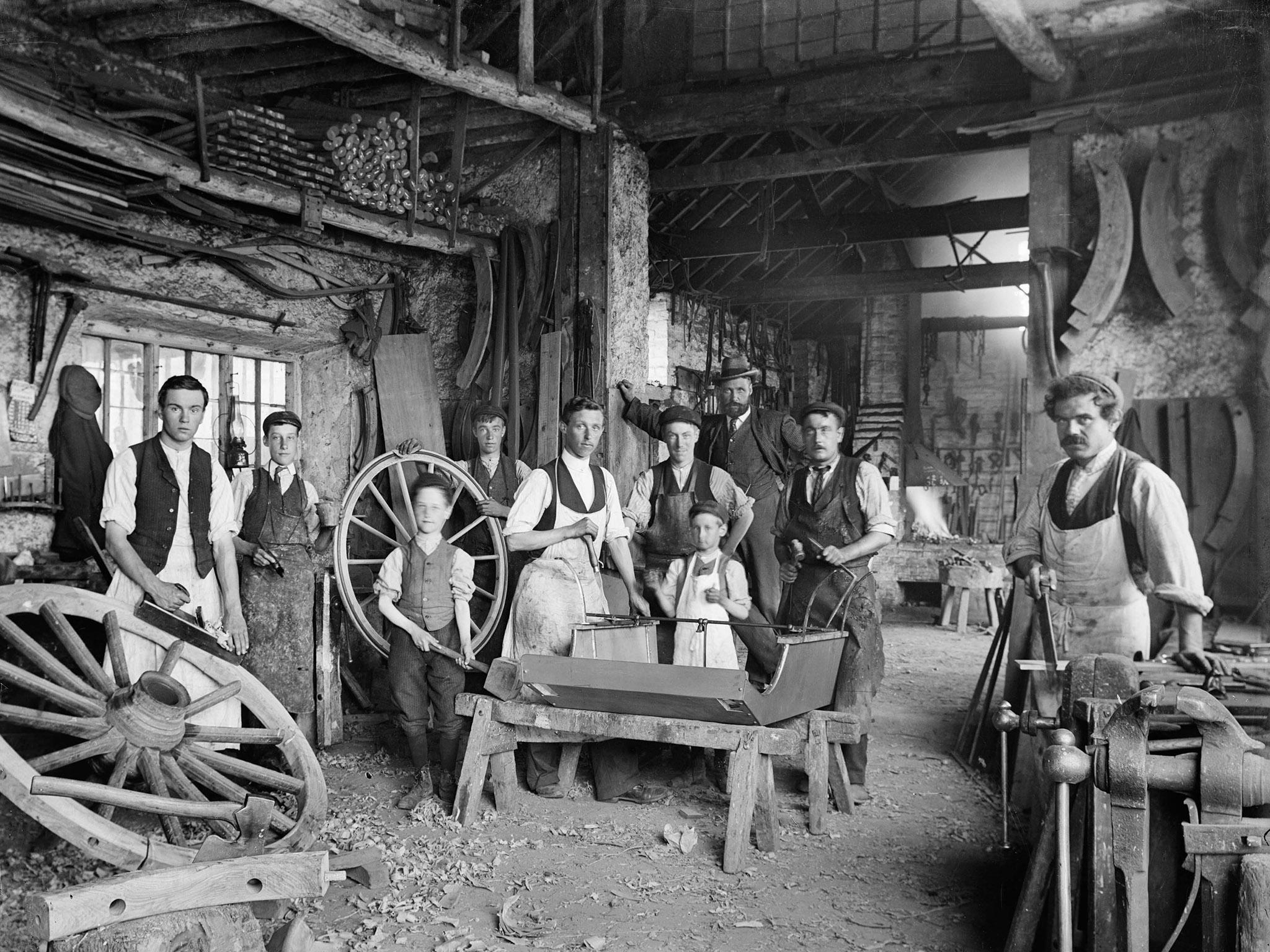 J Plater's Cart, Van &amp; Carriage Works, Haddenham, Buckinghamshire, 1903. Young apprentices, barely 12 years old, can be seen