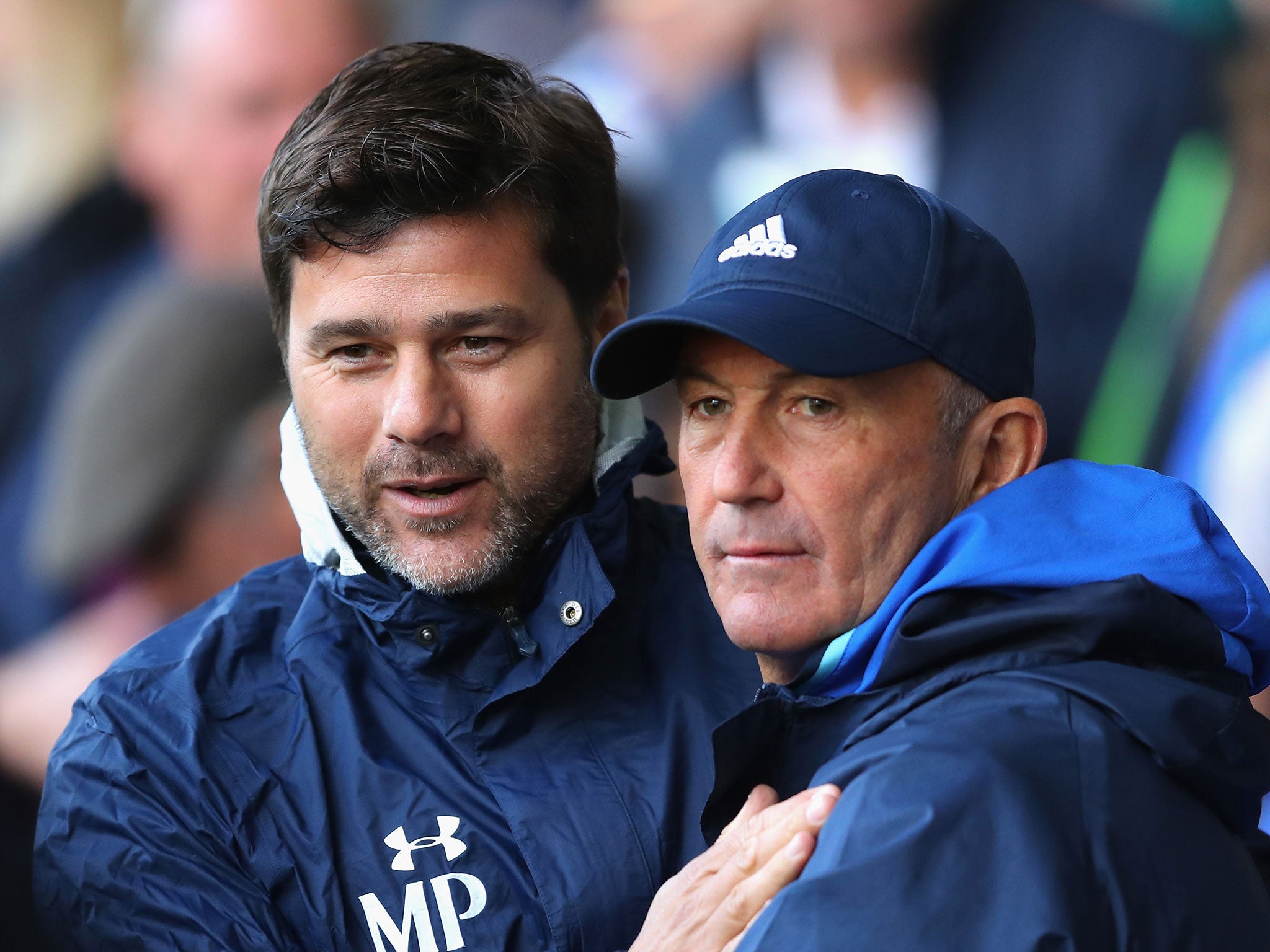 Tony Pulis with Mauricio Pochettino prior to kick off during the Premier League match between West Bromwich Albion and Tottenham Hotspur at The Hawthorns on October 15