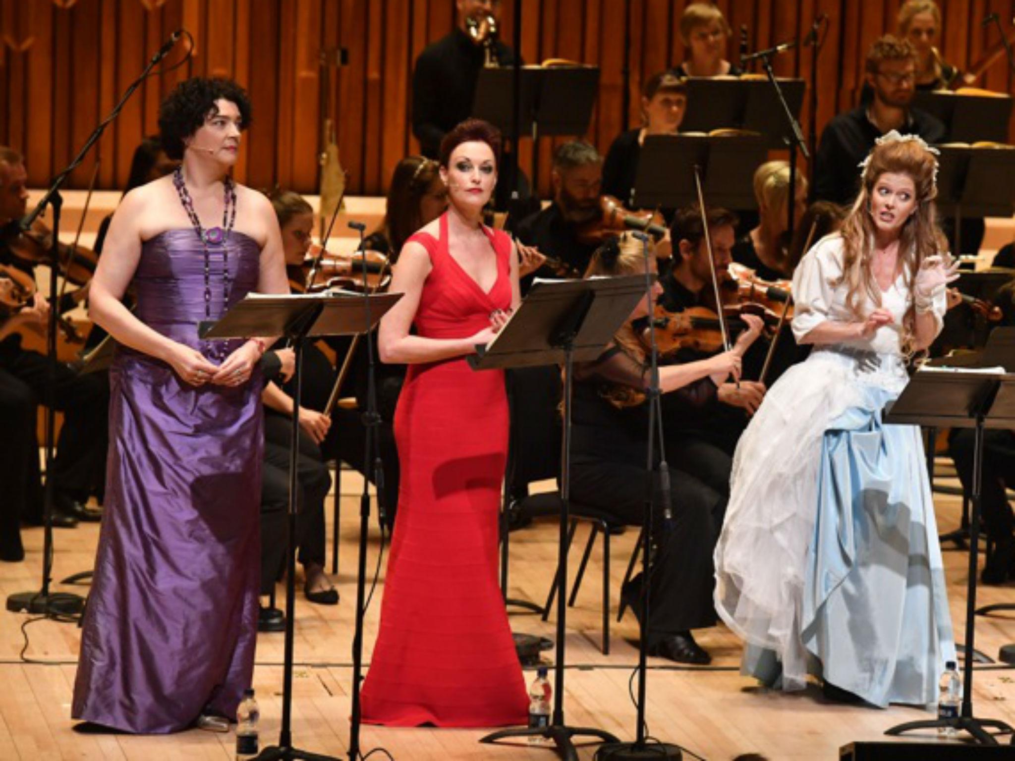 Hilary Summers as the White Queen, Allison Cook as the Red Queen and Barbara Hannigan as Alice in ‘Alice's Adventures Under Ground' at the Barbican