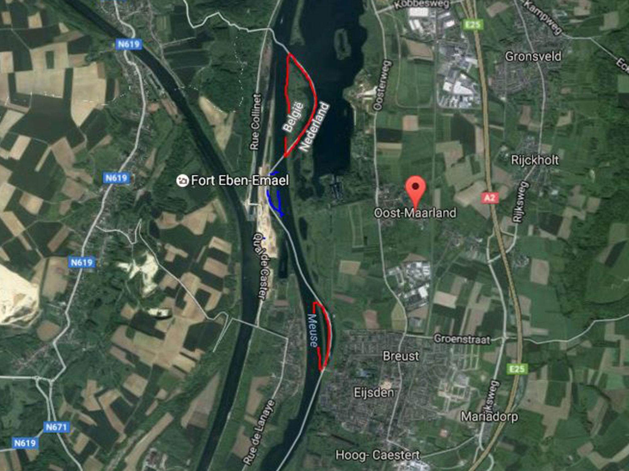 Highlighted in red, the former Belgian territory on Dutch land. In blue, the land gained by Belgium from the Netherlands. (Google )