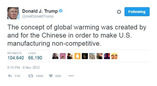 A tweet from Donald Trump in 2012 that claimed climate change was made up