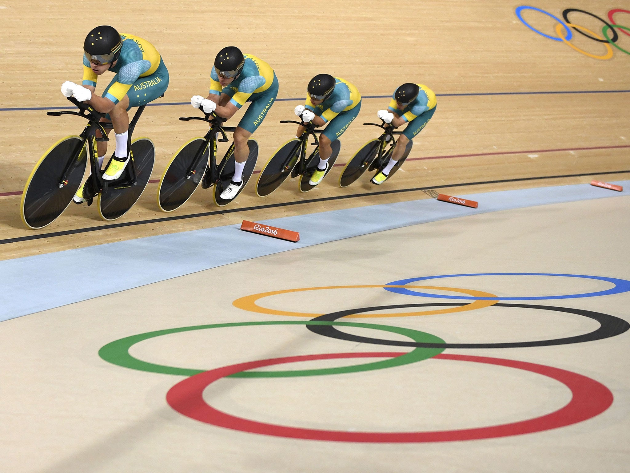 Jack Bobridge competes alongside his Australian team-mates in the men's Team Pursuit qualifying track cycling event at the Velodrome during the Rio 2016 Olympic Games in Rio de Janeiro on August 12, 2016.