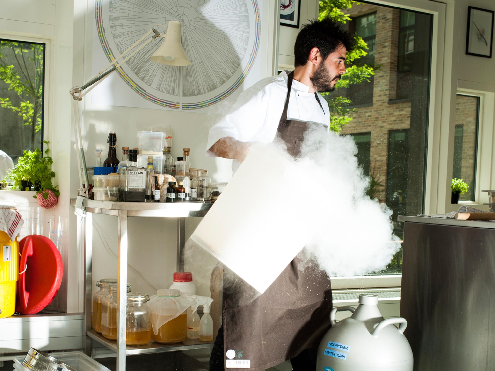 Roberto Flore using liquid nitrogen at The Nordic Food Lab based at Copenhagen University.