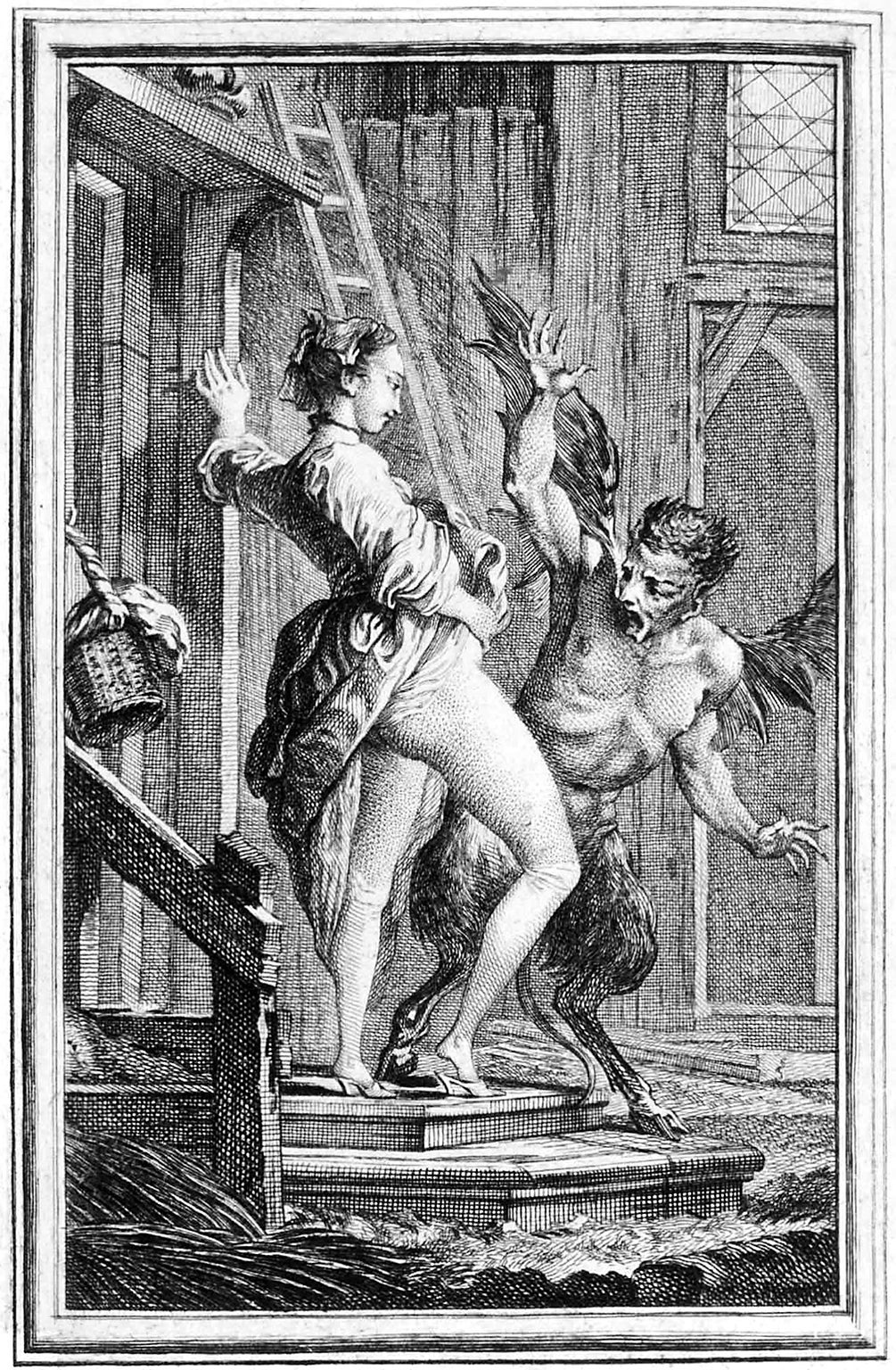 In Jean de La Fontaine's 'The Devil of Pope Fig Island' (1674), a woman is able to ward off the devil by flashign her 'gash'