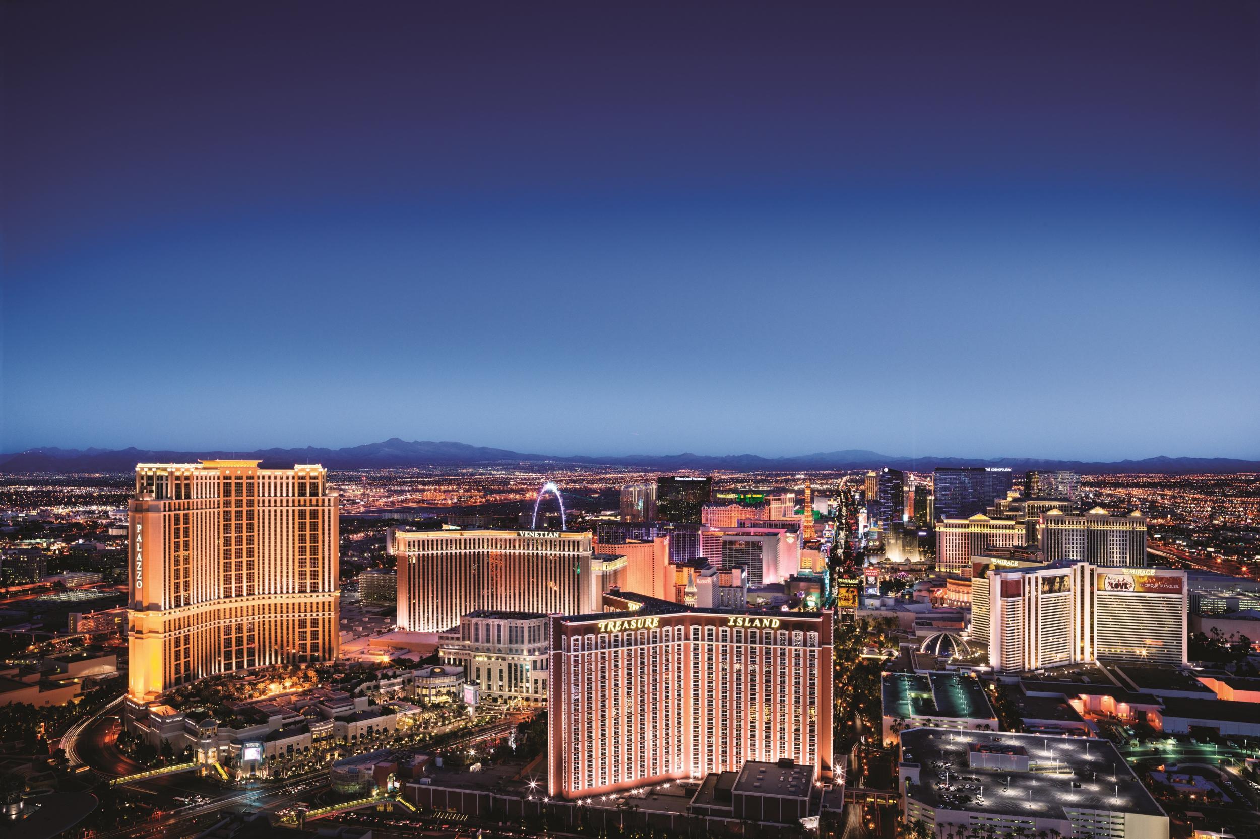 The Las Vegas Strip’s mega-resorts at dusk