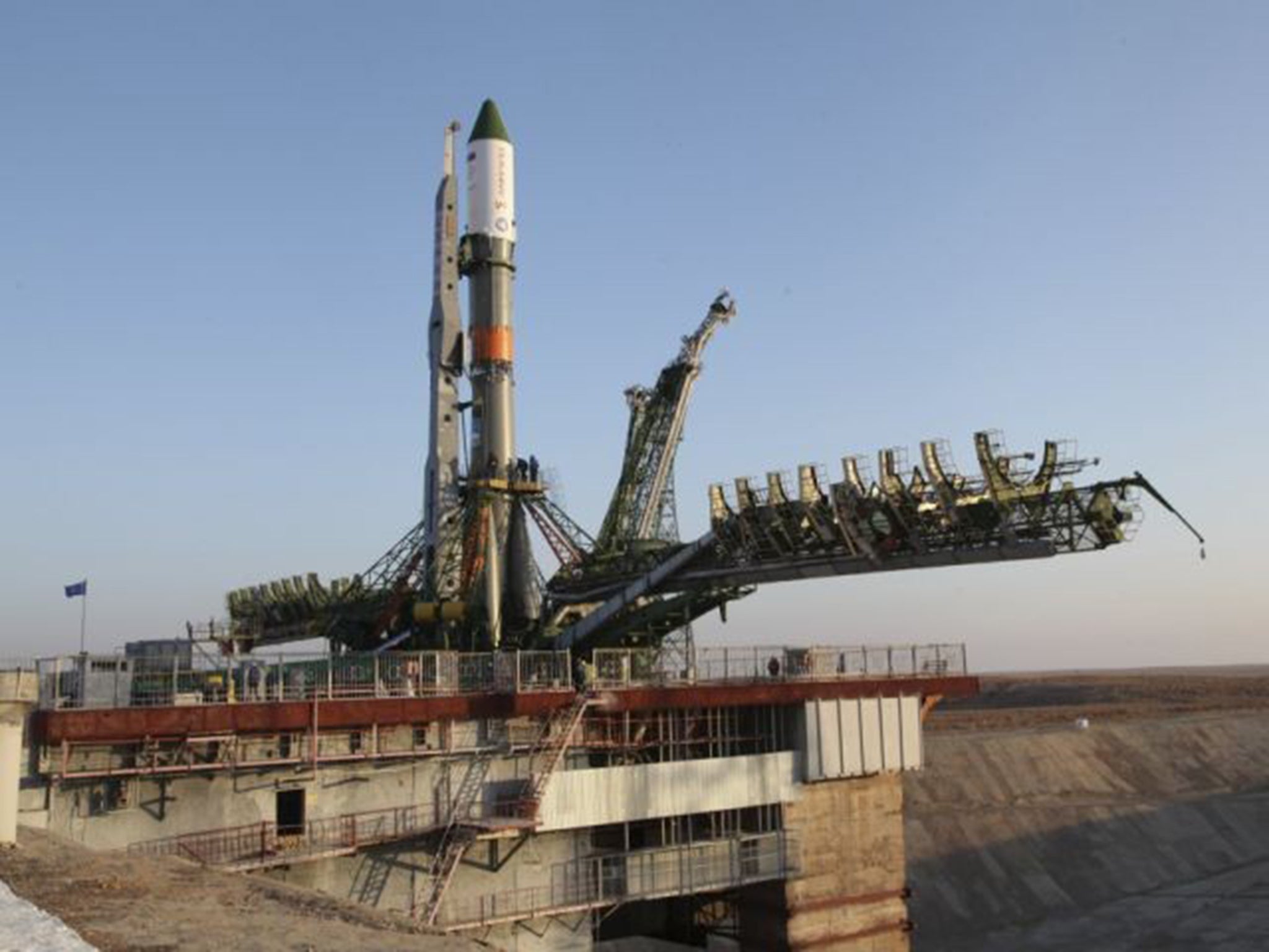 The Soyuz rocket carrying the Progress capsule, sitting on the launch pad before taken in Baiknour, Kazakstan