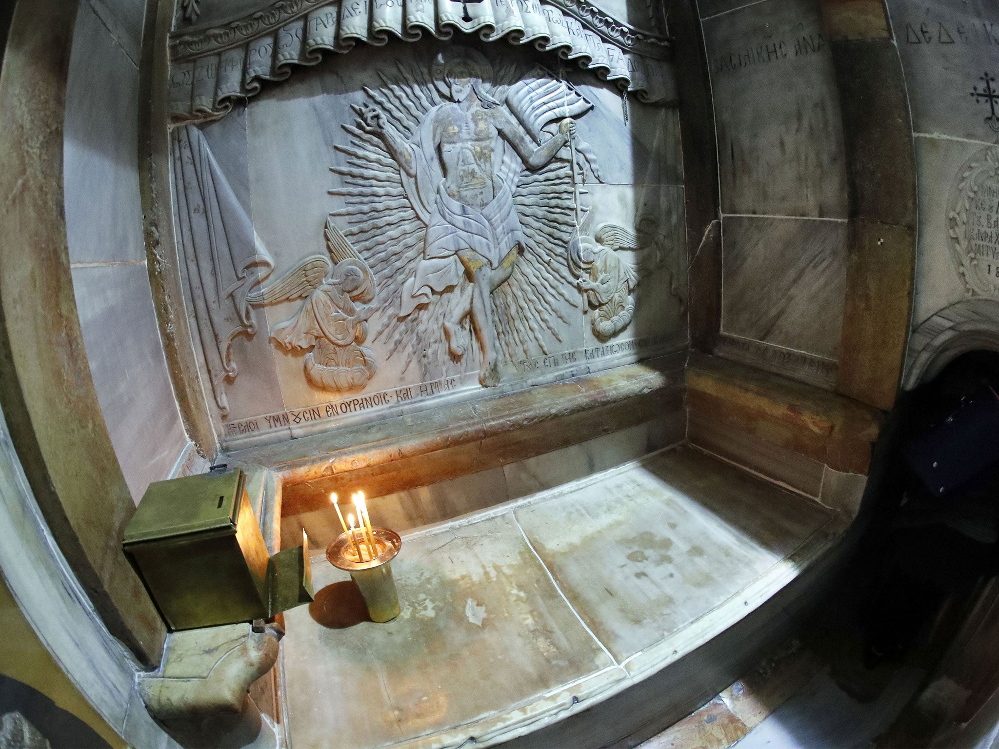 The tomb where Jesus's body is believed to have been laid, inside the Edicule in the Church of the Holy Sepulchre, Jerusalem