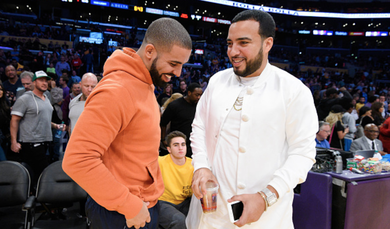 Drake (L) and French Montana attend a basketball game between the Golden State Warriors and the Los Angeles Lakers at Staples Center on November 4, 2016 in Los Angeles, California.