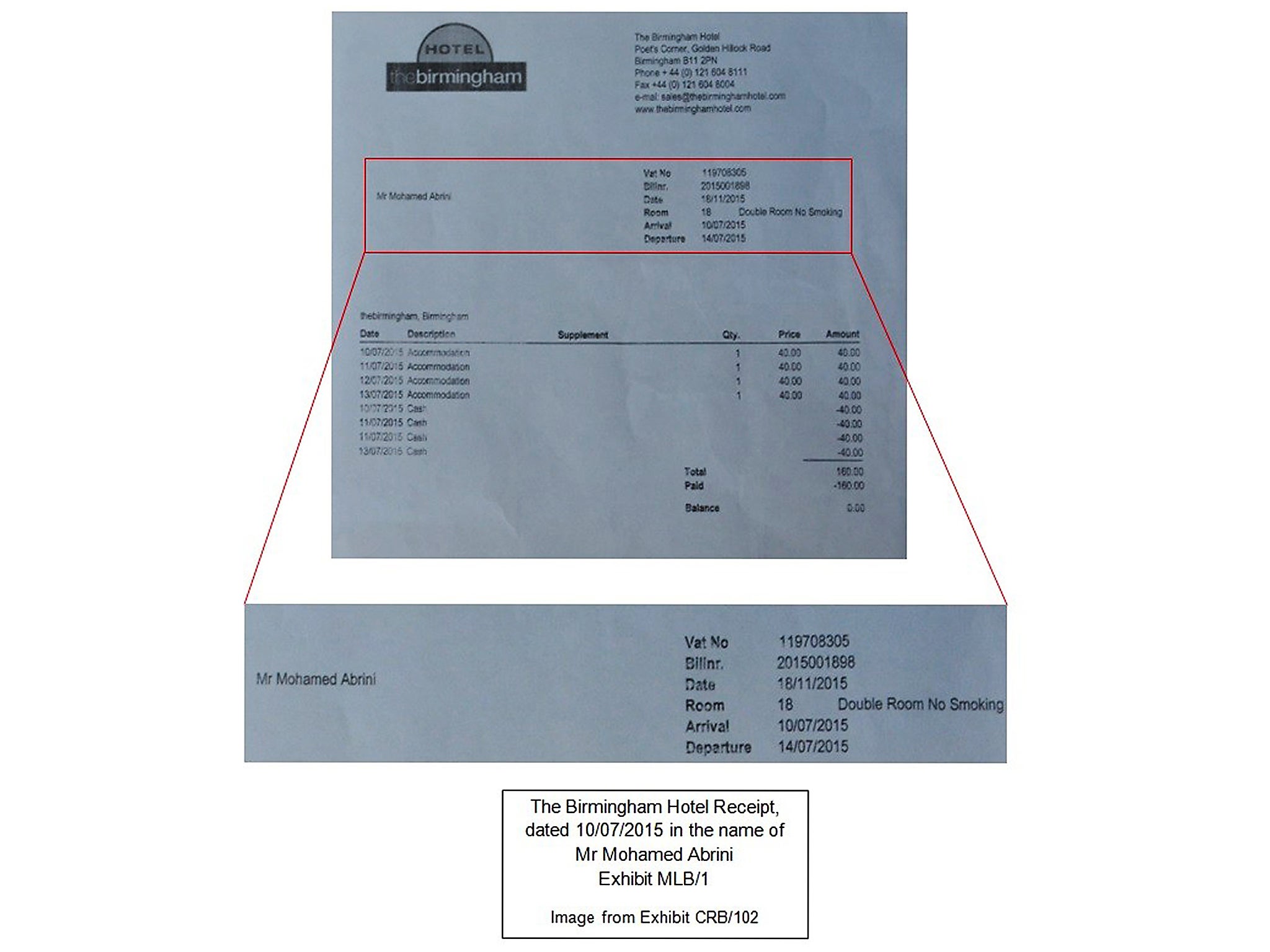 A Birmingham hotel receipt linked to Mohamed Abrini PA wire